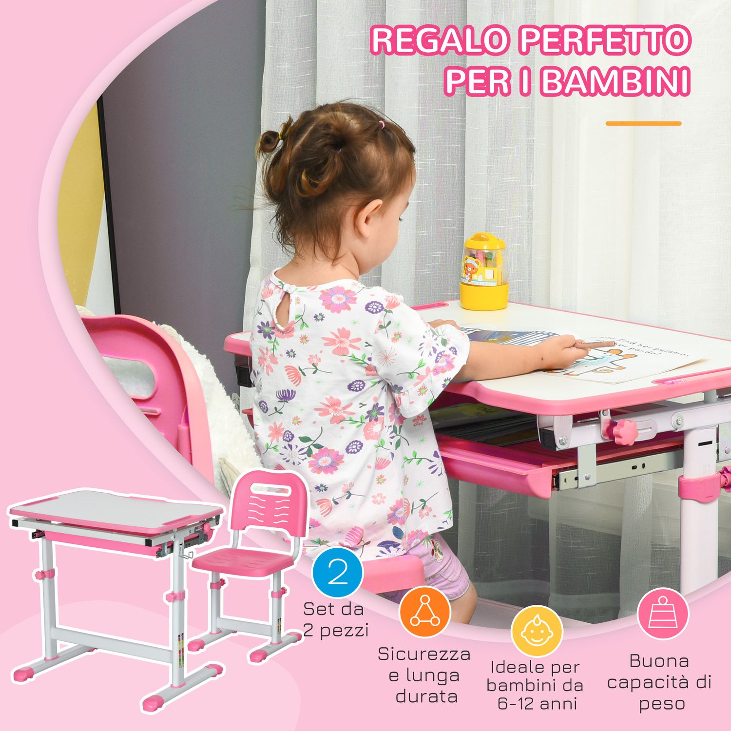 Banco scuola per bambini 6-12 anni con sedia e altezza regolabile, piano inclinabile, 66x47x52-77 cm, rosa - 