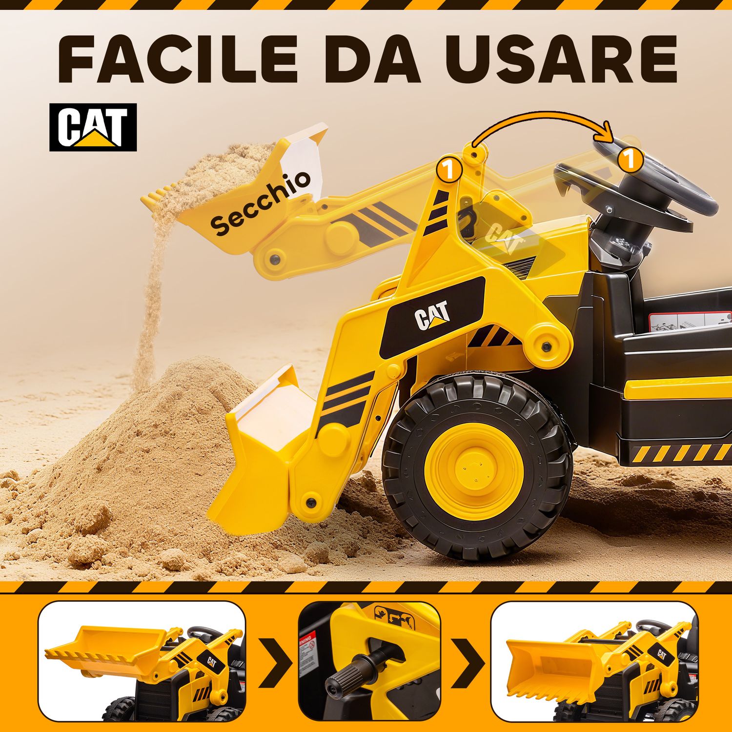 Ruspa elettrica per bambini 3-6 anni marchio ufficiale caterpillar 12v con telecomando, giallo - 