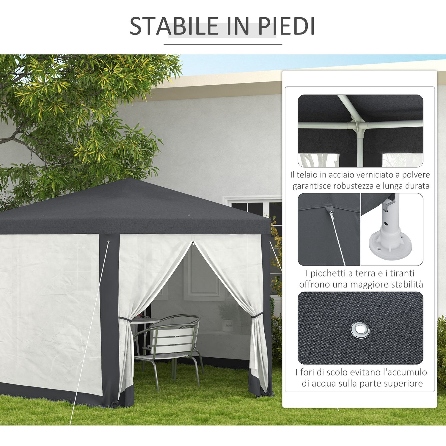 Gazebo da giardino esagonale con doppio ingresso, in metallo e poliestere, 3.94x3.94x2.5 m, grigio - 