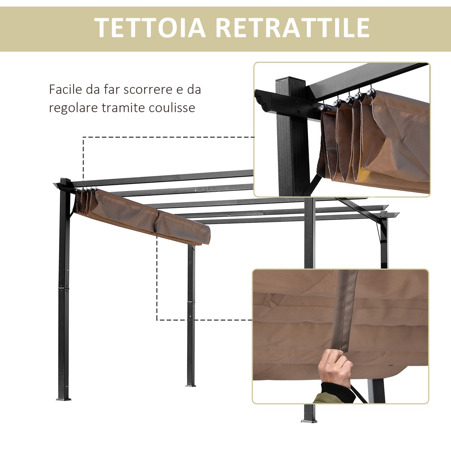 Gazebo pergola da giardino 3x4m con telo in poliestere e struttura in alluminio, grigio e marrone - 