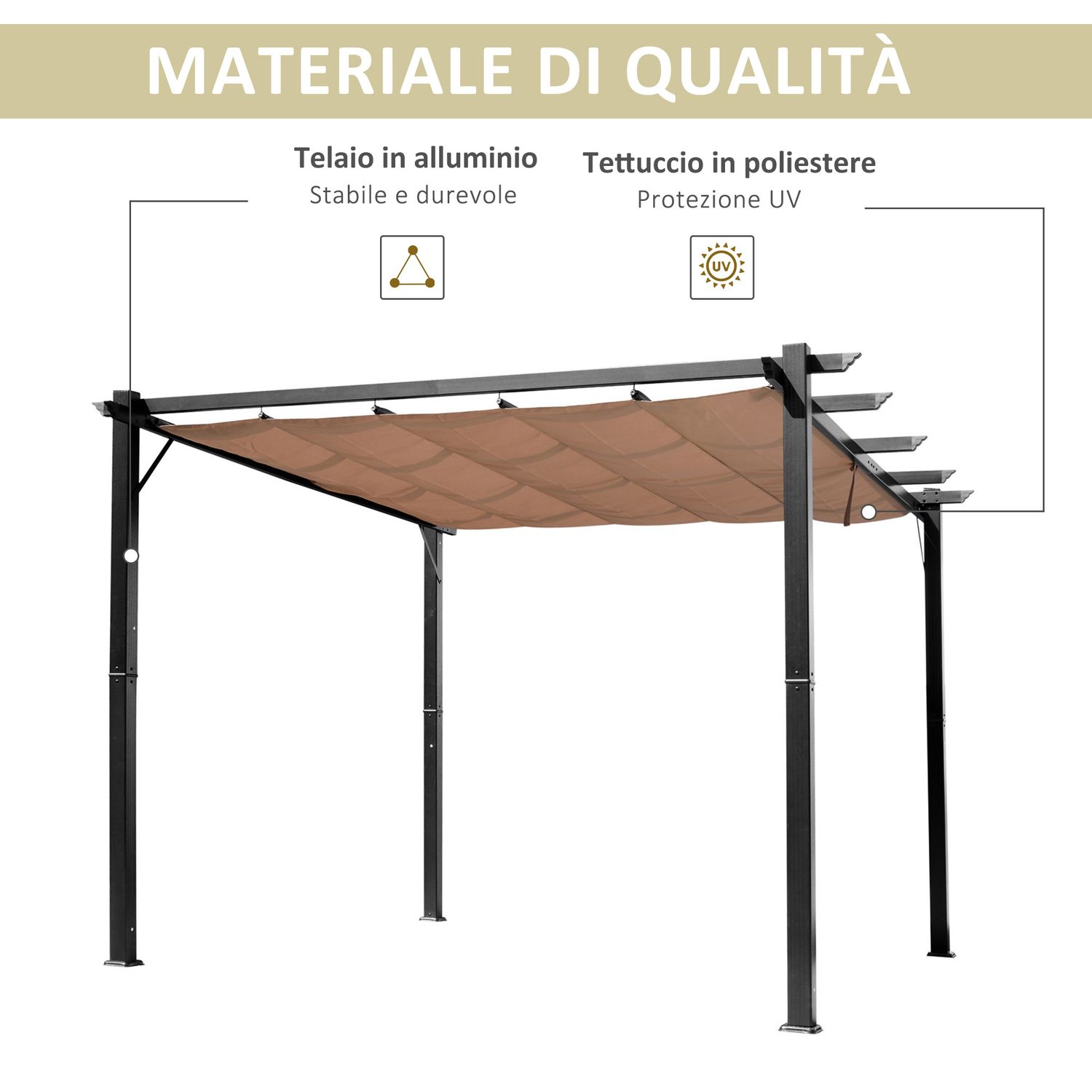 Gazebo pergola da giardino 3x4m con telo in poliestere e struttura in alluminio, grigio e marrone - 