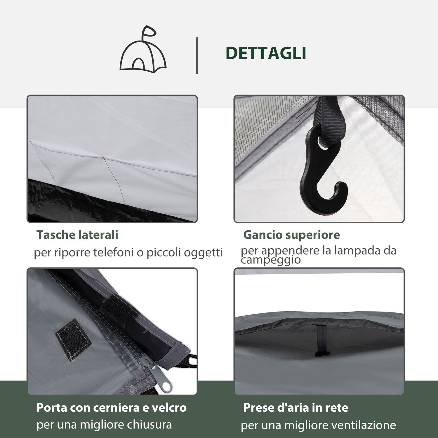 Tenda da campeggio 2 posti impermeabile con vestibolo, finestre e porte con cerniera, 325x183x130cm grigio - 
