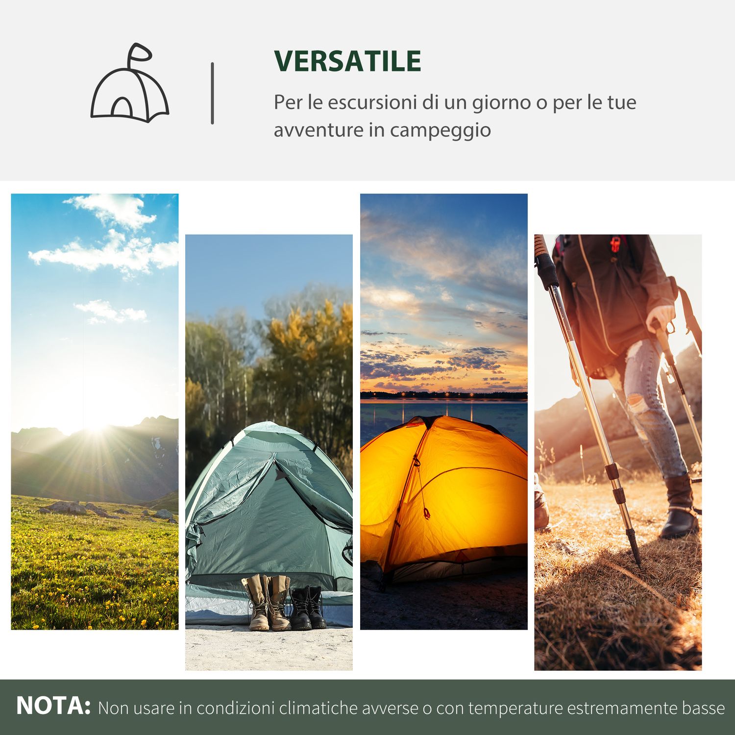 Tenda da campeggio 2 posti impermeabile con vestibolo, finestre e porte con cerniera, 325x183x130cm grigio - 