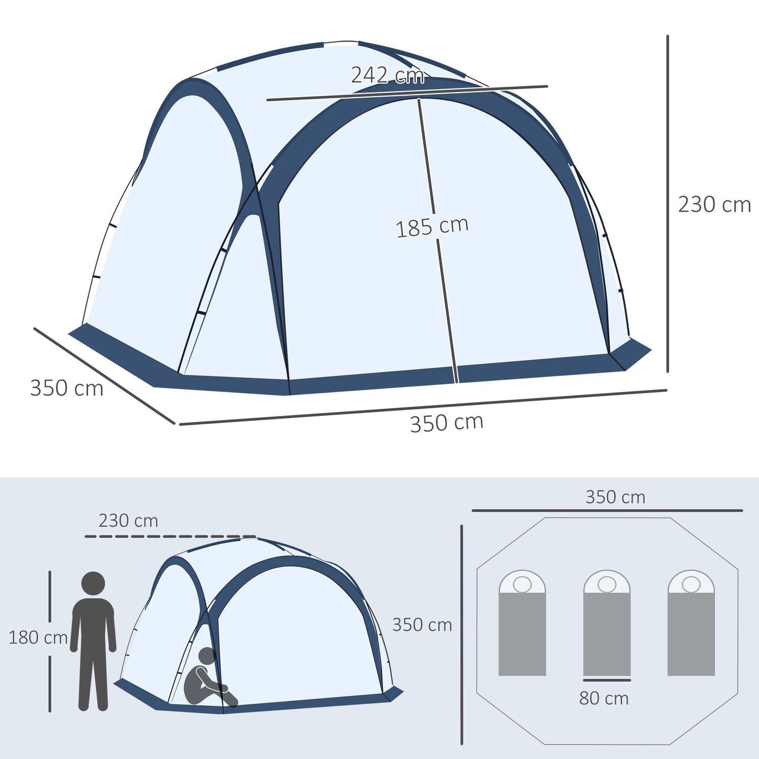 Tenda da campeggio 4-5 posti con 4 porte a cerniera, zanzariera e gancio, 350x350x230cm, bianca e blu - 