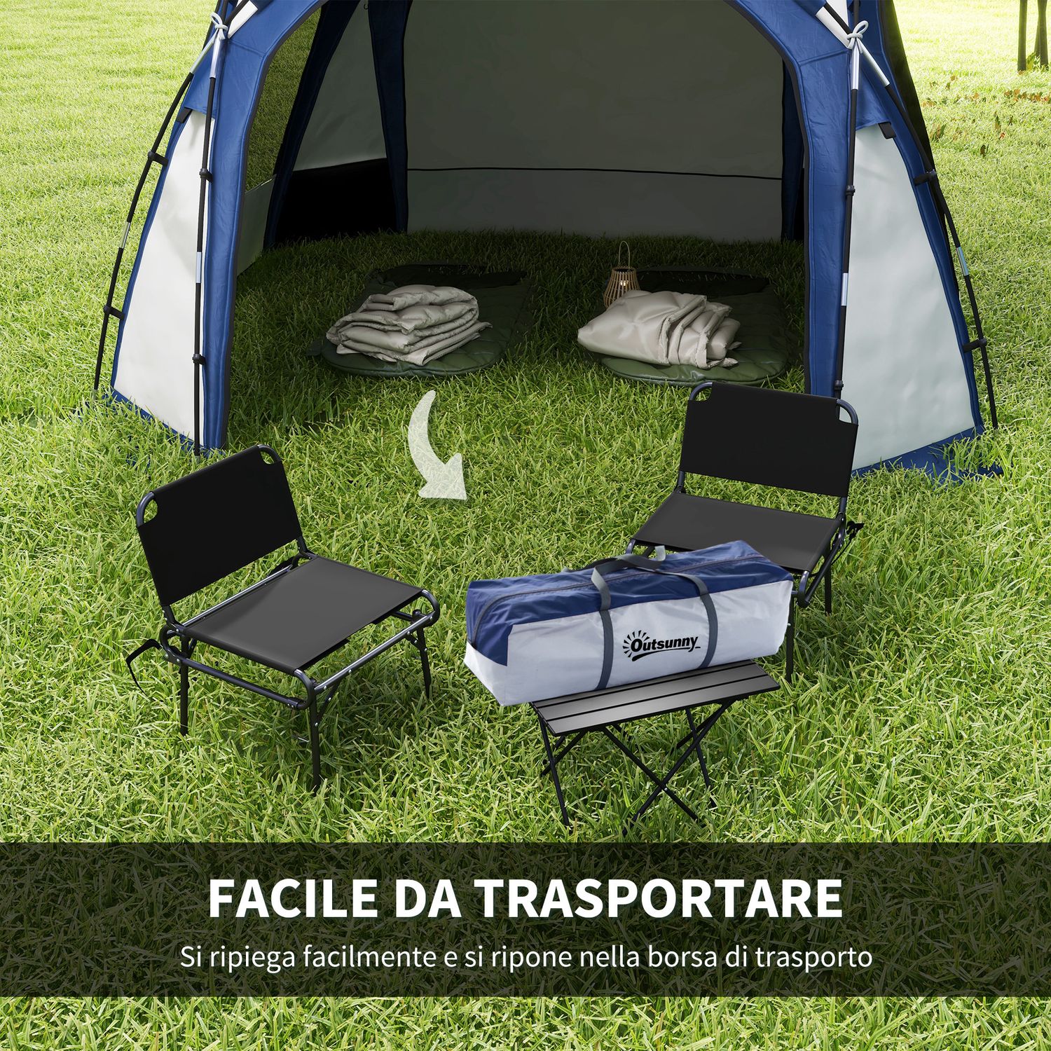 Tenda da campeggio 4-5 posti con 4 porte a cerniera, zanzariera e gancio, 350x350x230cm, bianca e blu - 