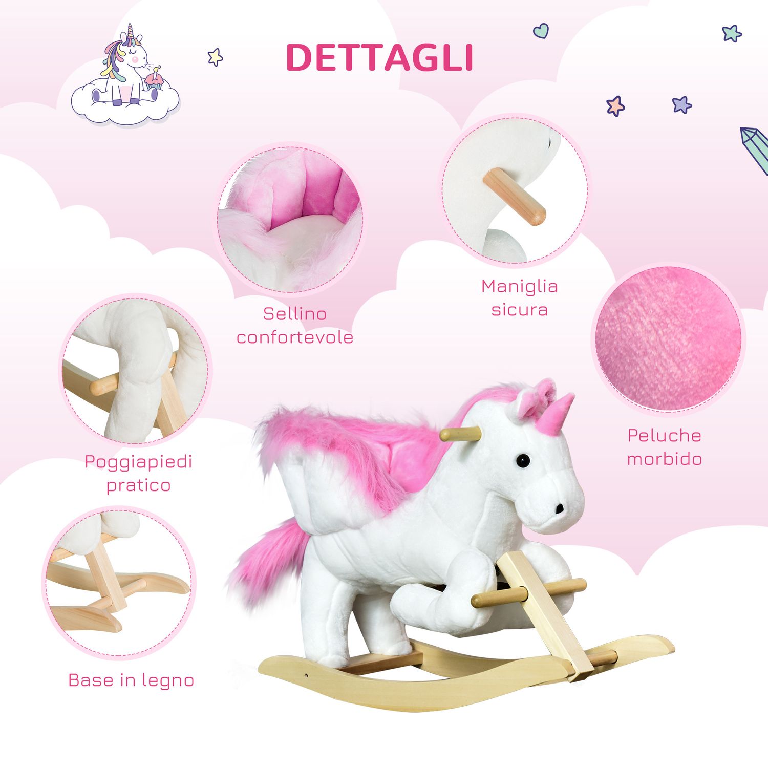 Cavallo a dondolo unicorno con musica in metallo e legno 65x32x55cm - 