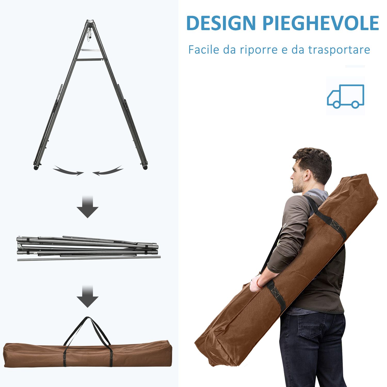 Supporto con amaca autoportante pieghevole in cotone e acciaio, 270x100x94cm - 