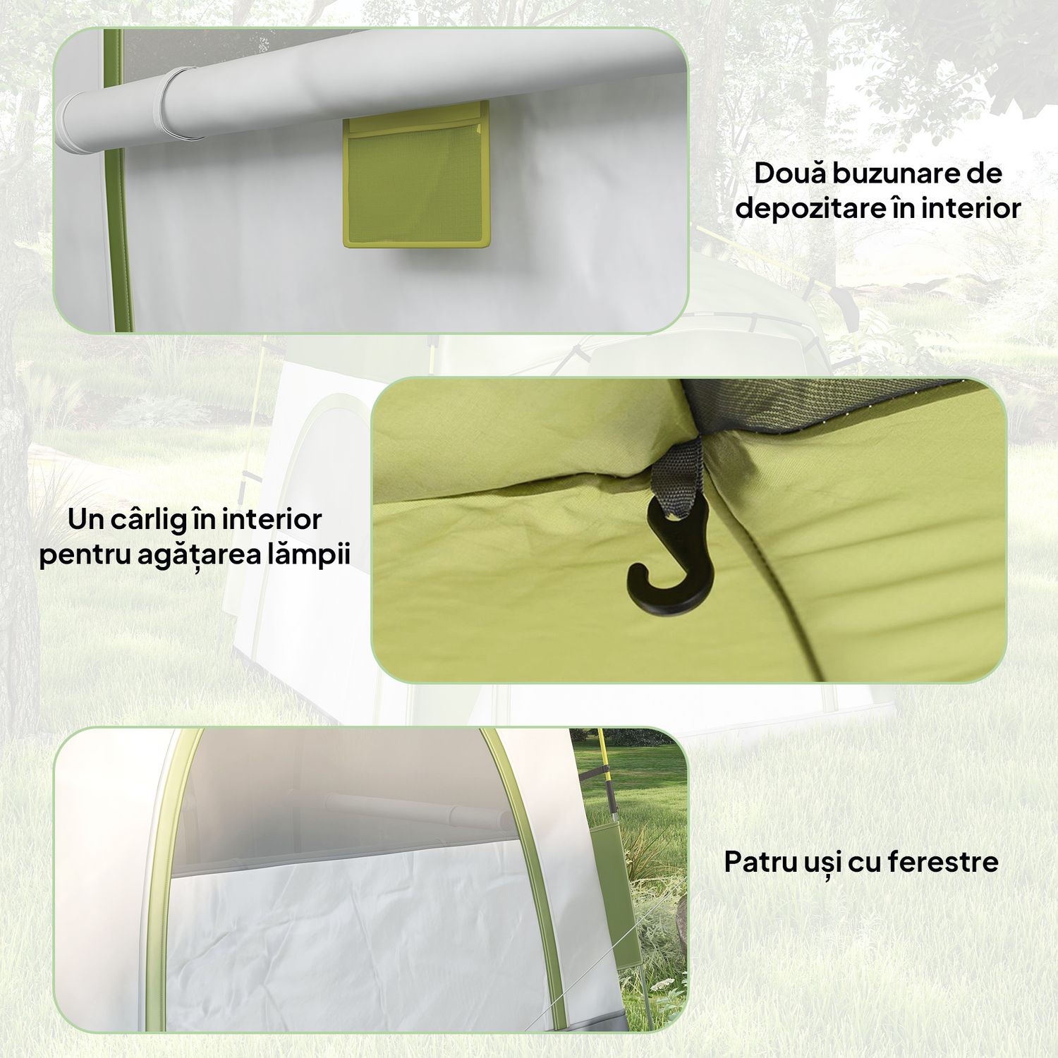 Tenda da campeggio 2 posti pop up con porta a cerniera e 3 finestre, 240x240x199 cm, verde - 