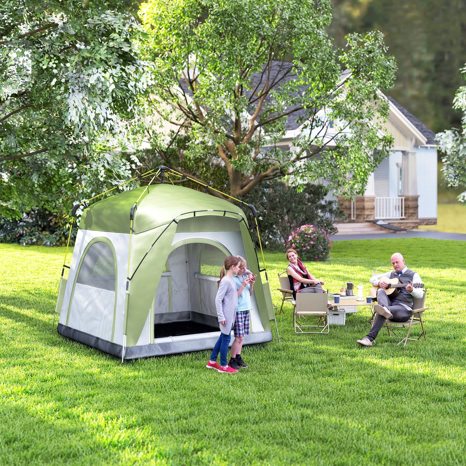 Tenda da campeggio 2 posti pop up con porta a cerniera e 3 finestre, 240x240x199 cm, verde - 