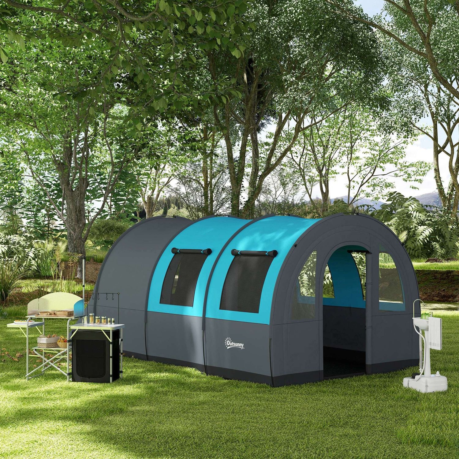 Tenda da campeggio 3 posti impermeabile con zona notte e giorno, in poliestere, 480x260x200 cm, grigio e blu - 
