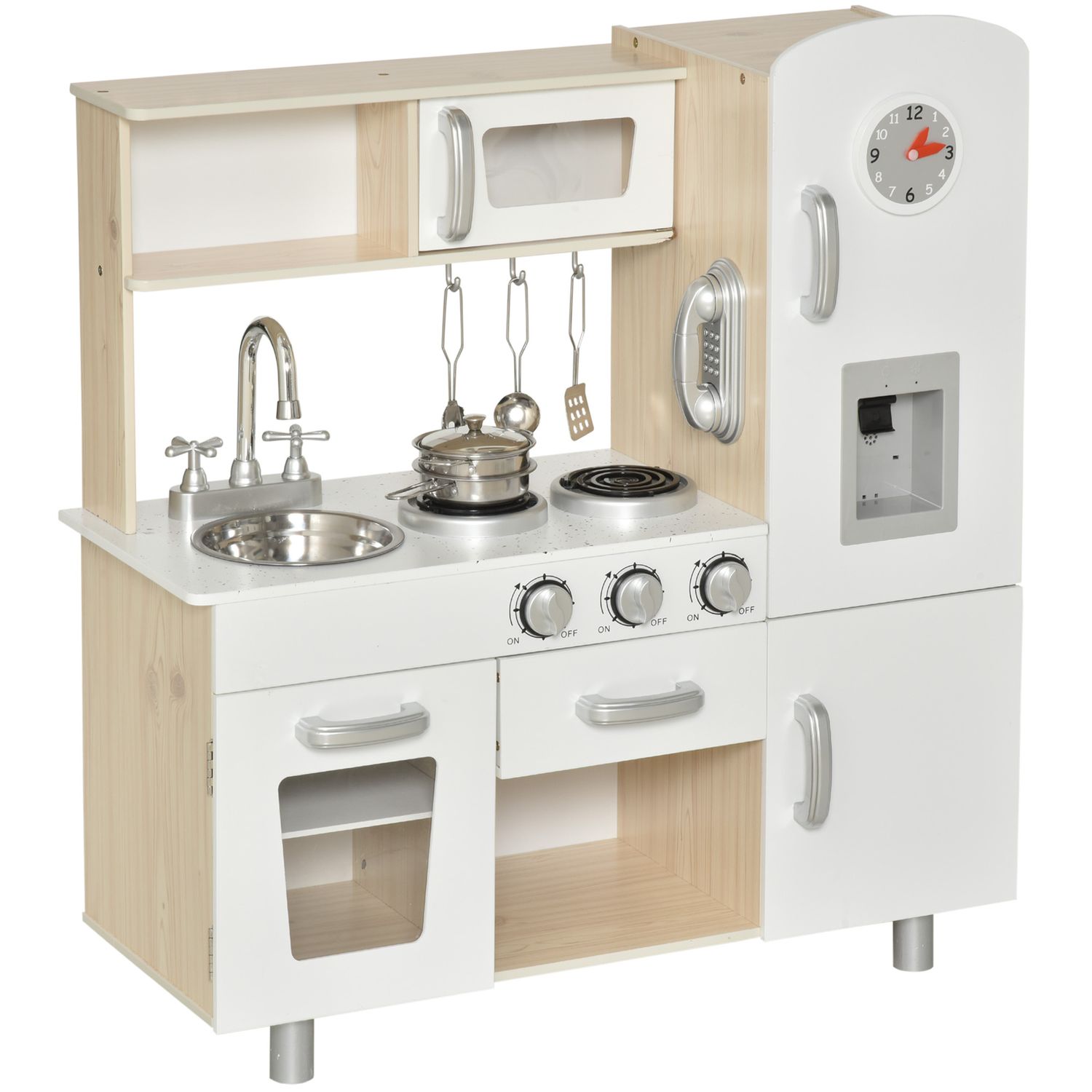 Cucina giocattolo in legno per bambini con lavandino e fornelli, pentole e utensili in acciaio, 74x30x81cm, bianco - 