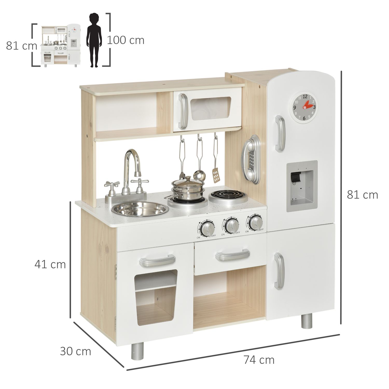Cucina giocattolo in legno per bambini con lavandino e fornelli, pentole e utensili in acciaio, 74x30x81cm, bianco - 