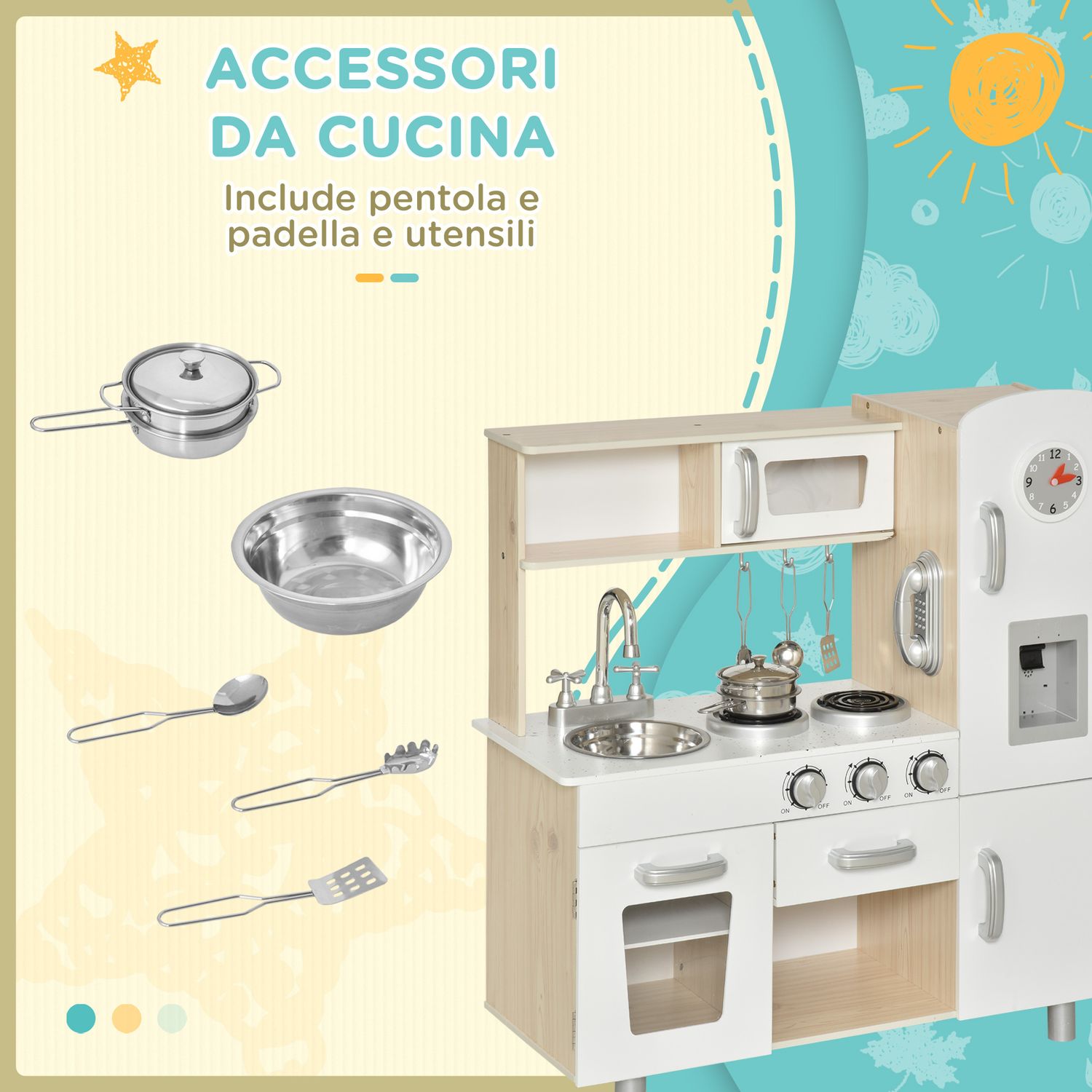 Cucina giocattolo in legno per bambini con lavandino e fornelli, pentole e utensili in acciaio, 74x30x81cm, bianco - 