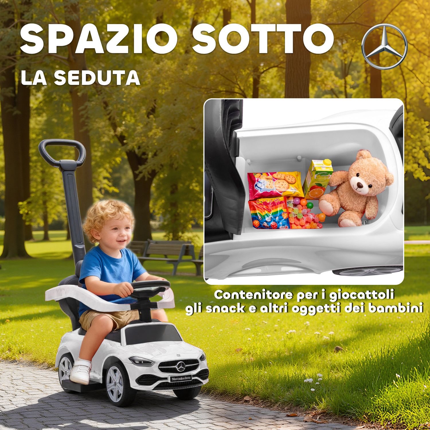 Macchina cavalcabile per bambini 1-3 anni convertibile in passeggino con licenza mercedes, 91x40x83 cm, bianco - 