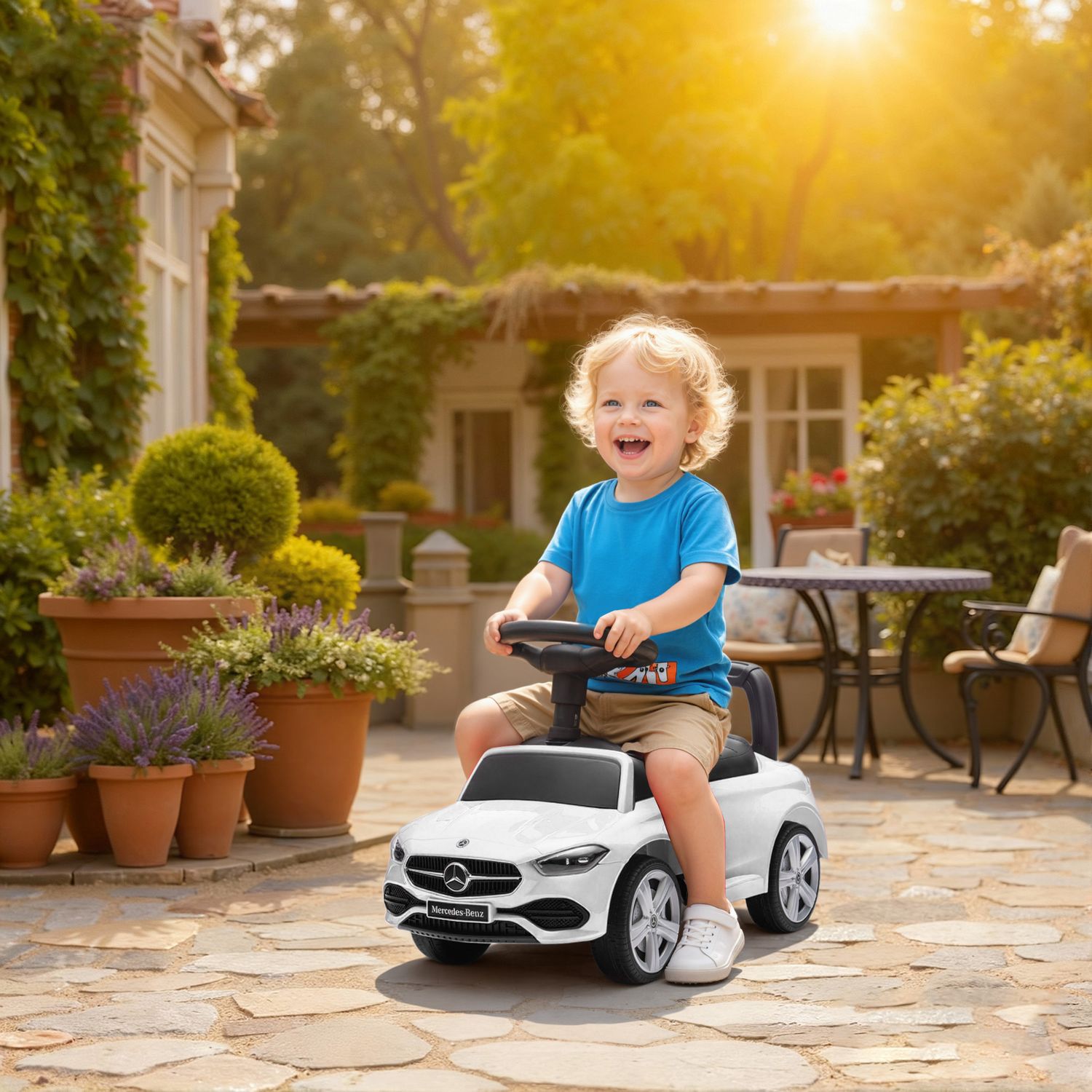 Macchina cavalcabile per bambini 1-3 anni convertibile in passeggino con licenza mercedes, 91x40x83 cm, bianco - 