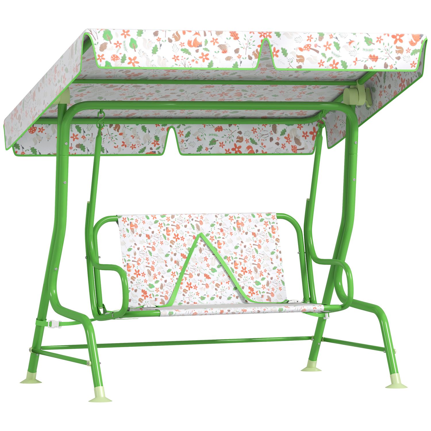 Dondolo per bambini da esterno a 2 posti con tettuccio regolabile e cinture di sicurezza, 112x75x120 cm, verde - 