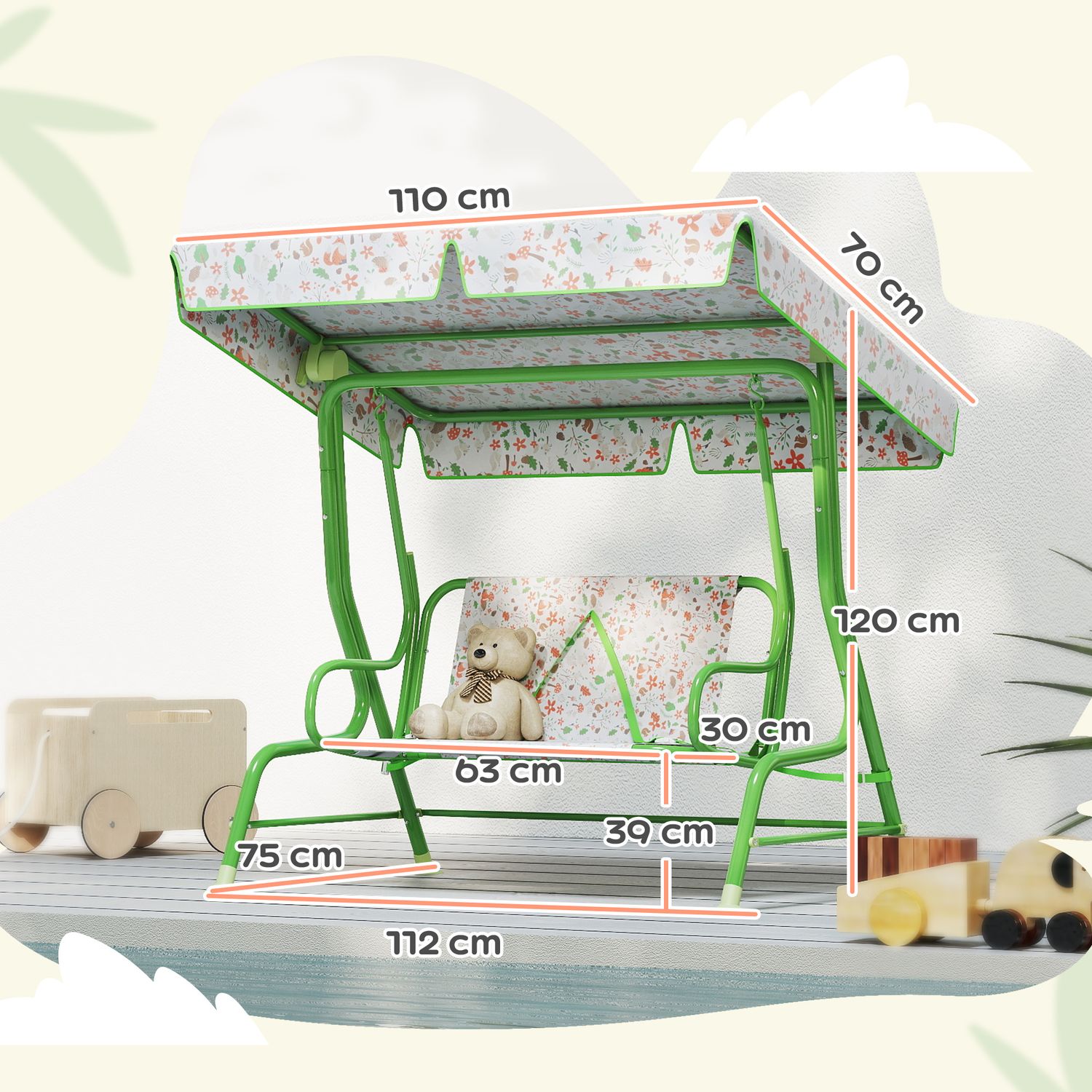 Dondolo per bambini da esterno a 2 posti con tettuccio regolabile e cinture di sicurezza, 112x75x120 cm, verde - 