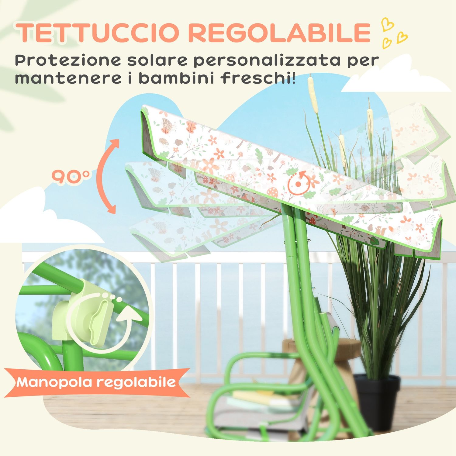 Dondolo per bambini da esterno a 2 posti con tettuccio regolabile e cinture di sicurezza, 112x75x120 cm, verde - 