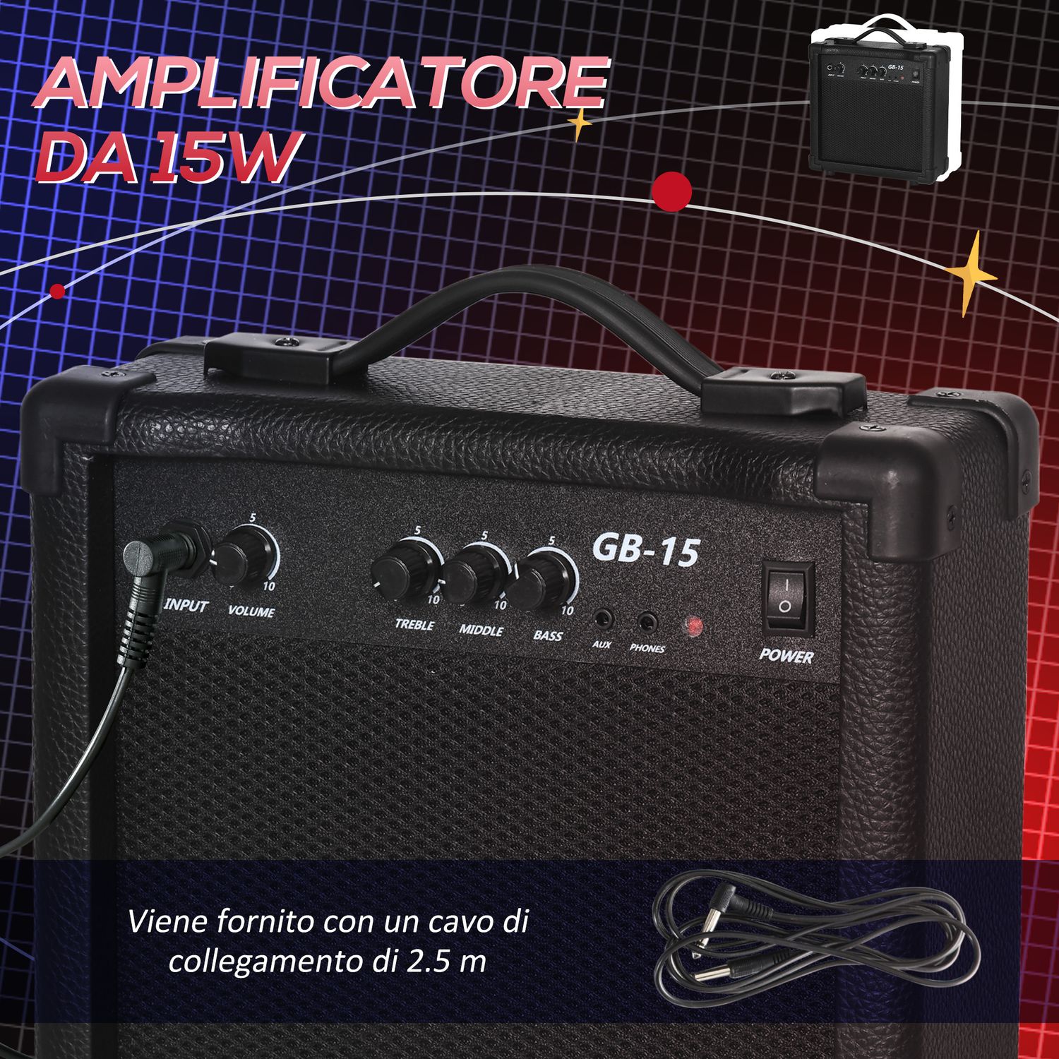 Basso elettrico 4 corde con amplificatore 15w, borsa, tracolla e plettri, colore blu scuro - 