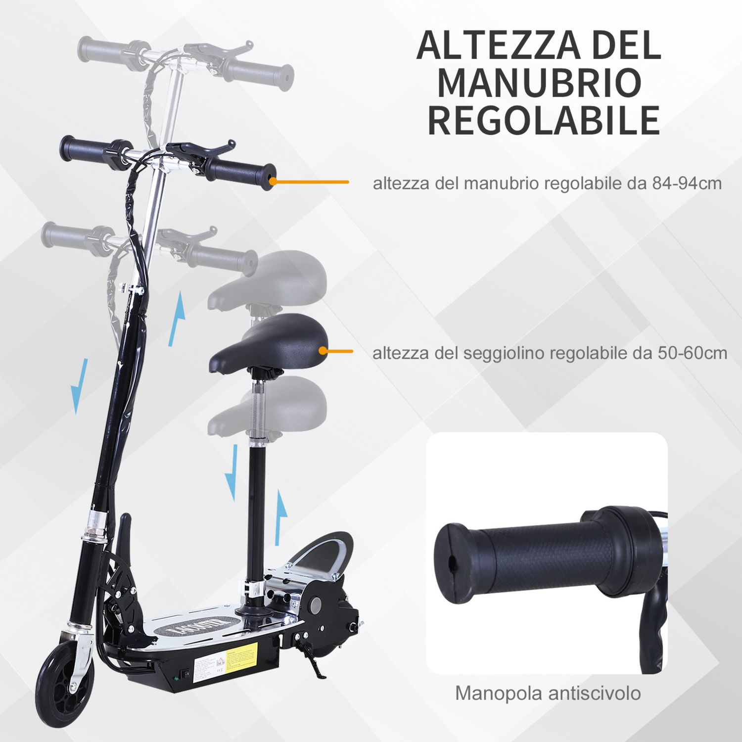 Monopattino elettrico pieghevole con sella, 2 ruote e manubrio regolabile, bambini 7-12 anni, 81.5x38x94cm, nero - 