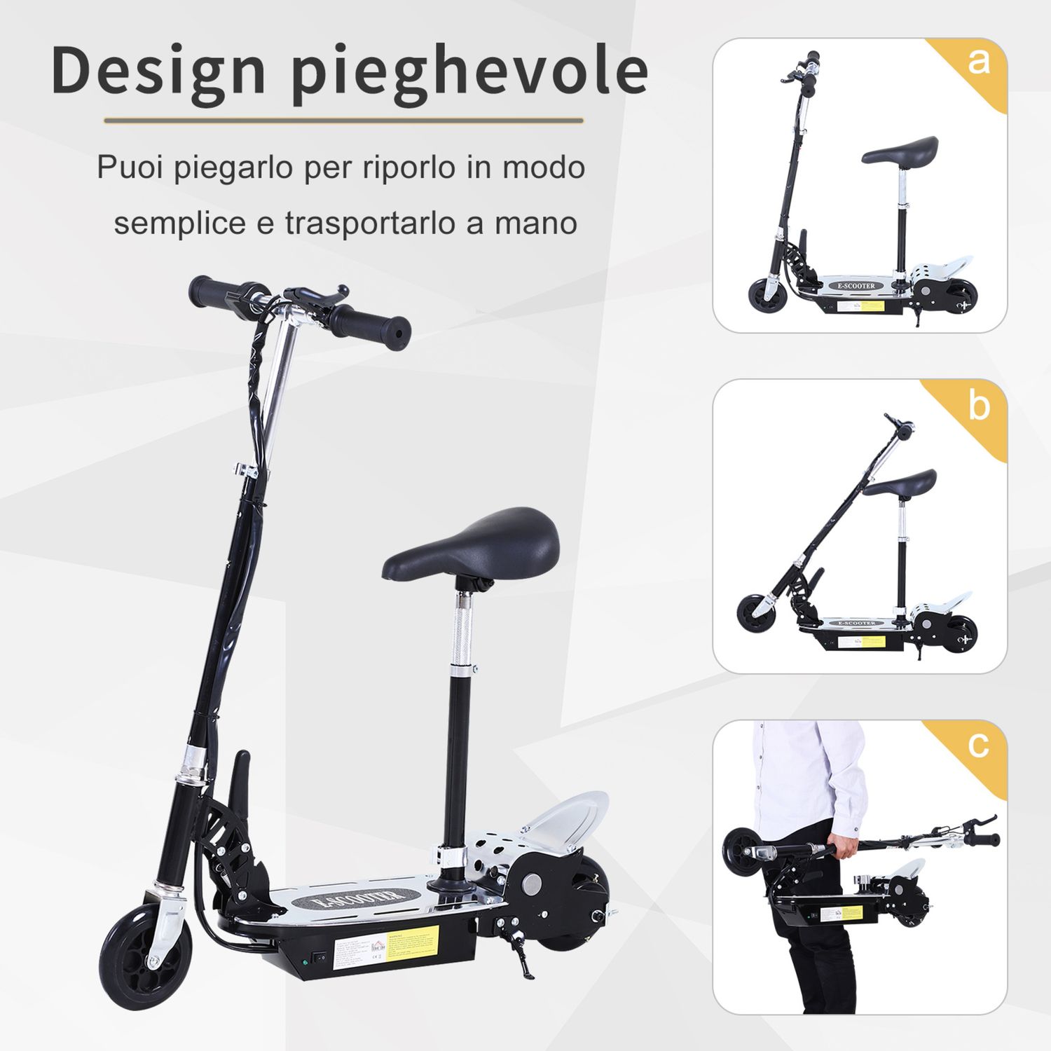 Monopattino elettrico pieghevole con sella, 2 ruote e manubrio regolabile, bambini 7-12 anni, 81.5x38x94cm, nero - 