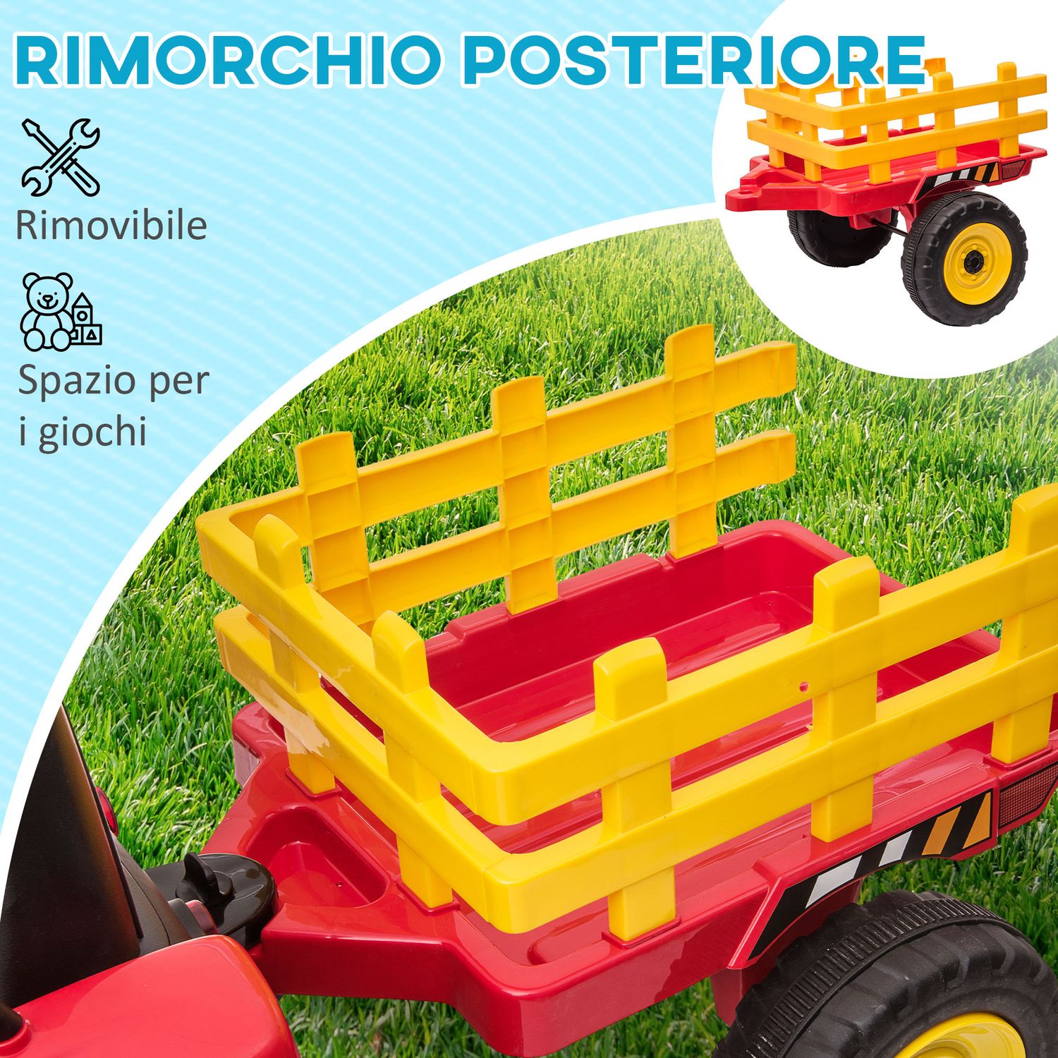 Trattore elettrico per bambini 3-6 anni con rimorchio rimovibile, batteria 12v e telecomando, rosso - 