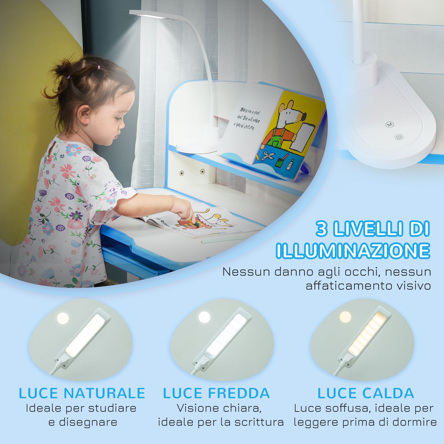 Banco scuola per bambini 6-12 anni regolabile con luce led, leggio e portapenne, in mdf, pp e acciaio, azzurro - 
