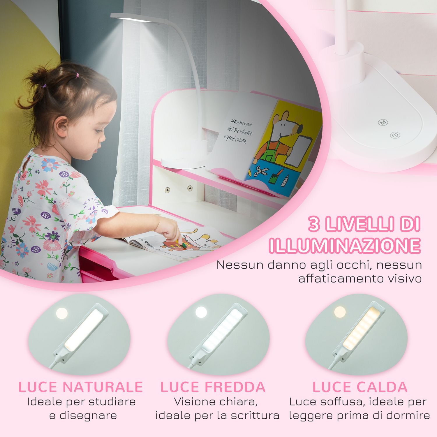 Banco scuola per bambini 6-12 anni regolabile con luce led, leggio e portapenne, in mdf, pp e acciaio, rosa - 