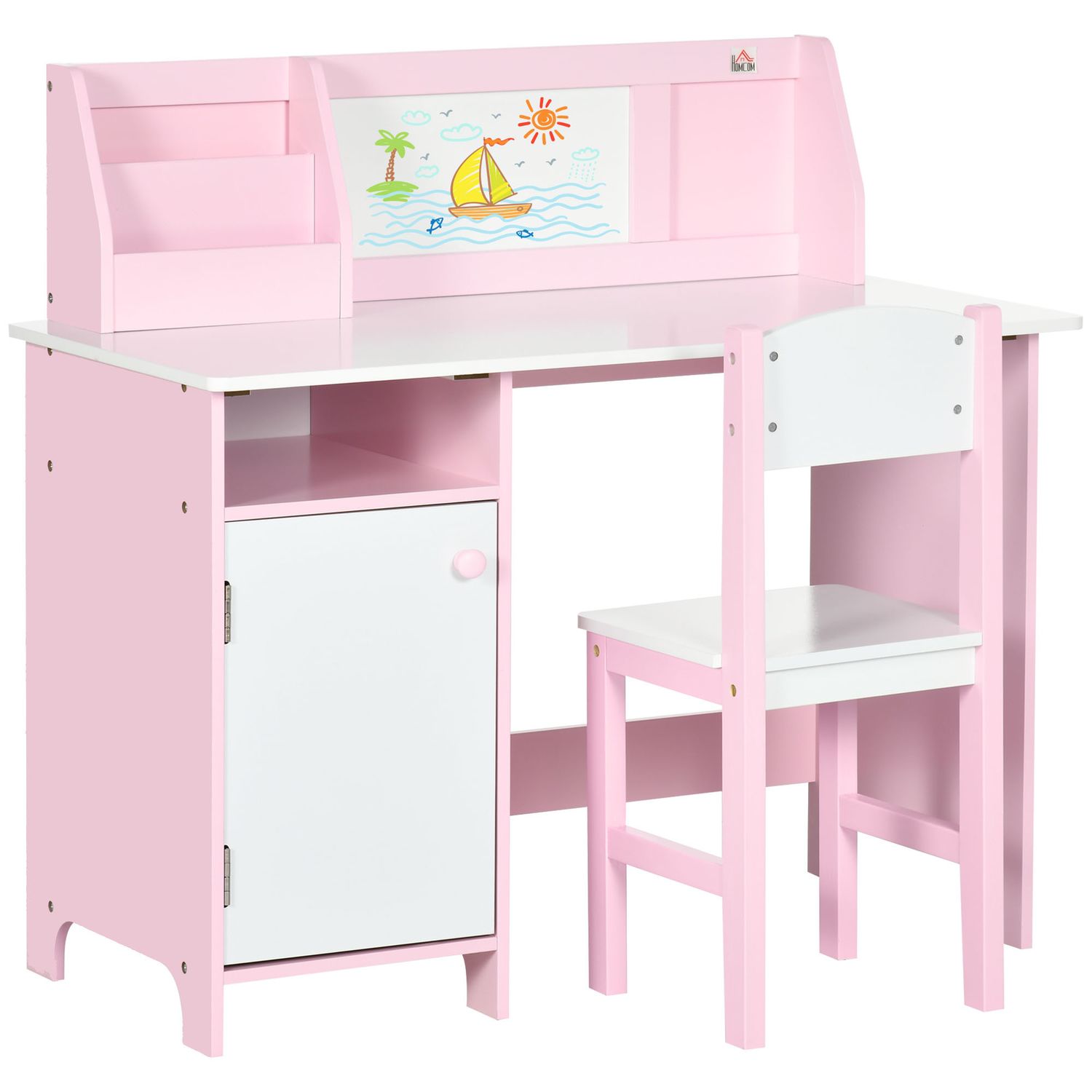 Set tavolo e sedie per bambini 5+ anni in legno con banco scuola e sedia bianco e rosa - 