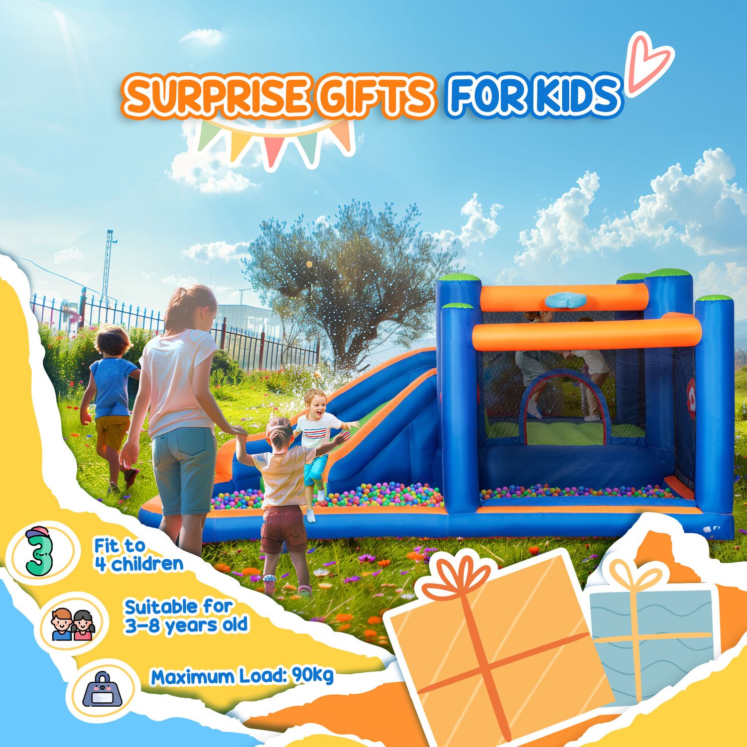Castello gonfiabile per bambini 3-8 anni con scivolo, trampolino e piscina, 380x340x170cm - 