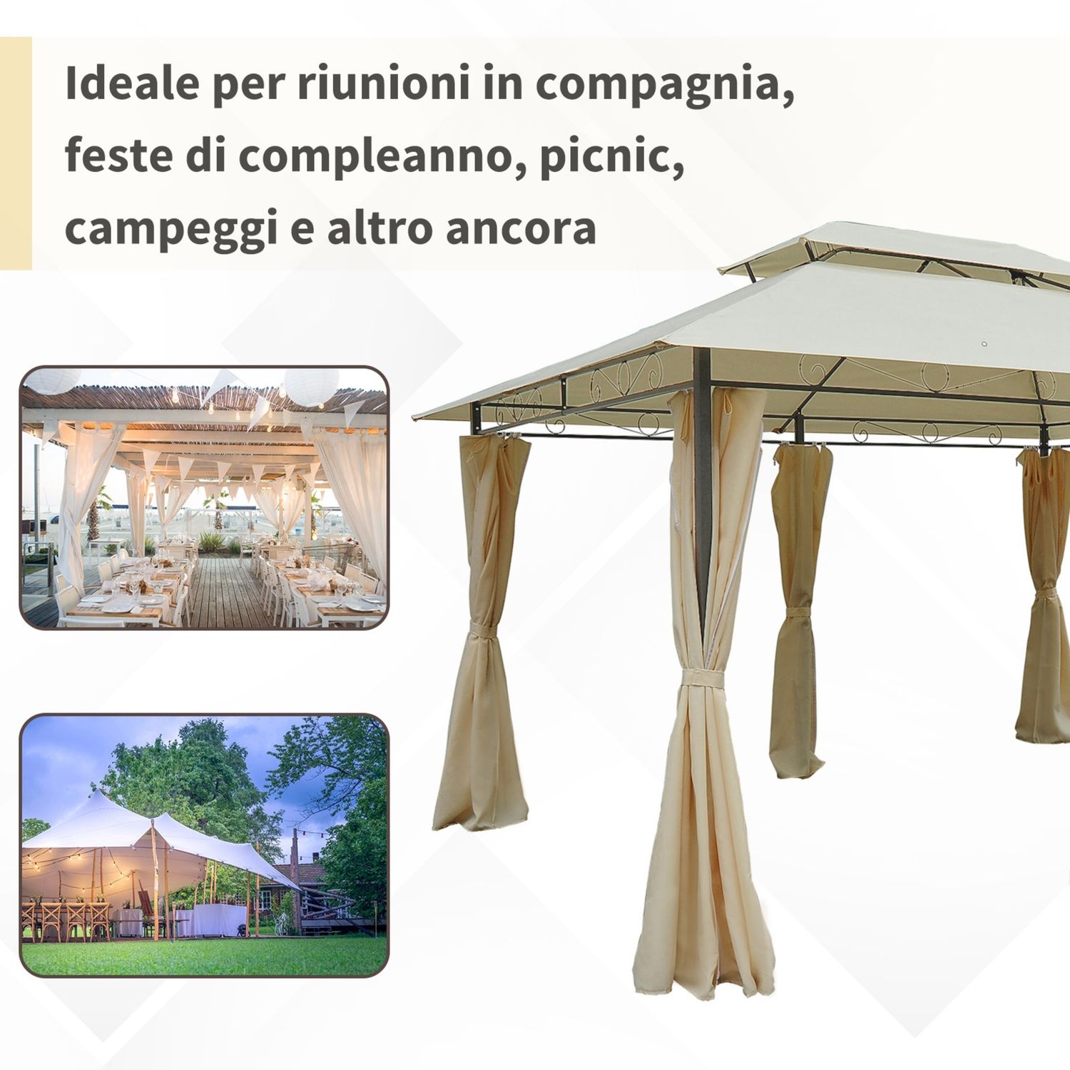 Gazebo da giardino 3x4 m con tende e tetto a 2 livelli bianco crema - 