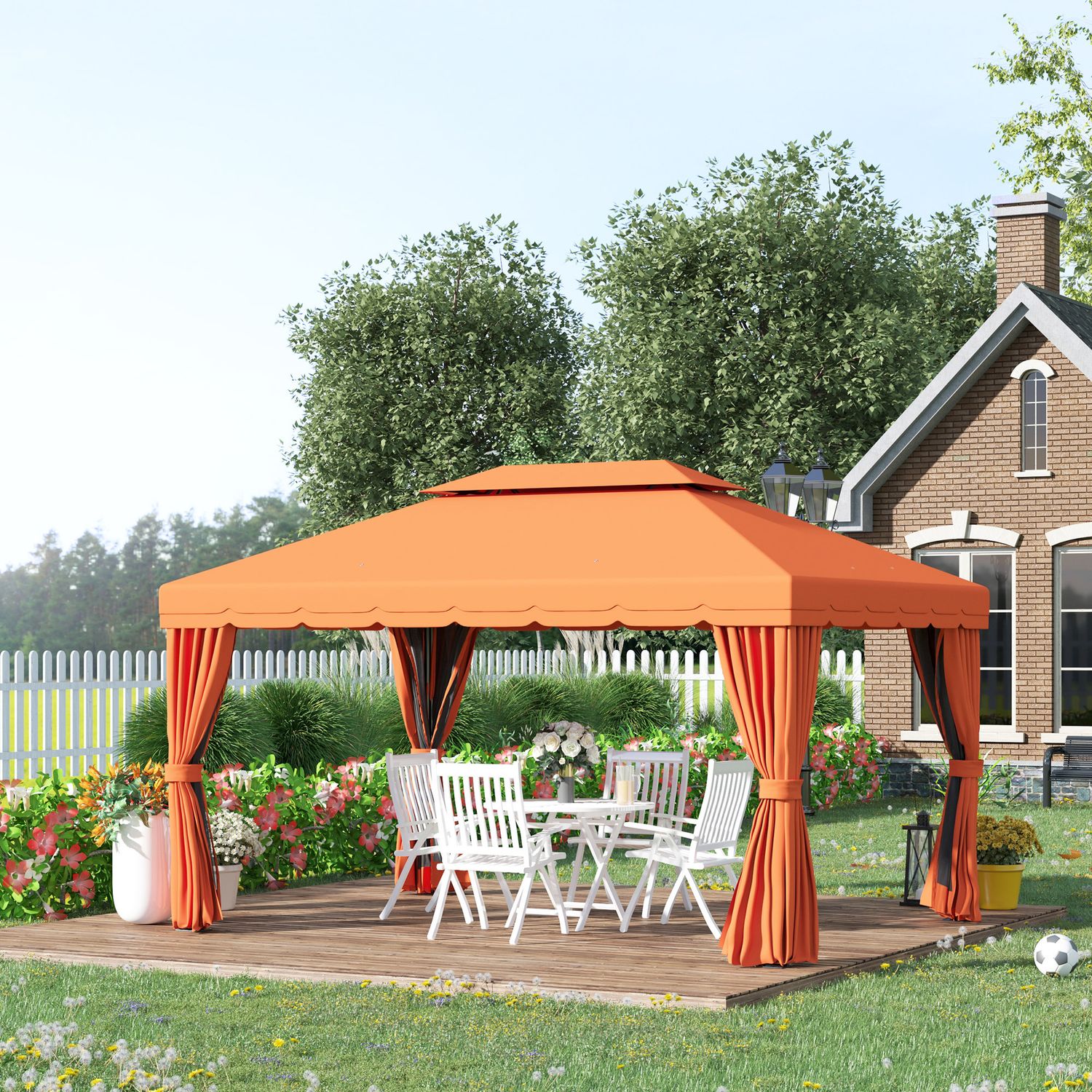 Gazebo da giardino 4x3m con doppio tetto e tende laterali, arancione - 