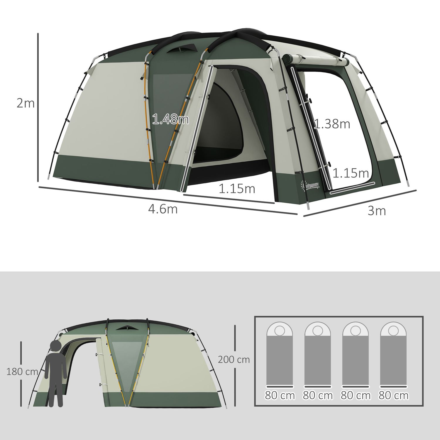 Tenda da campeggio 4 posti impermeabile con zona notte e zona giorno, in poliestere, 460x300x200 cm, verde - 