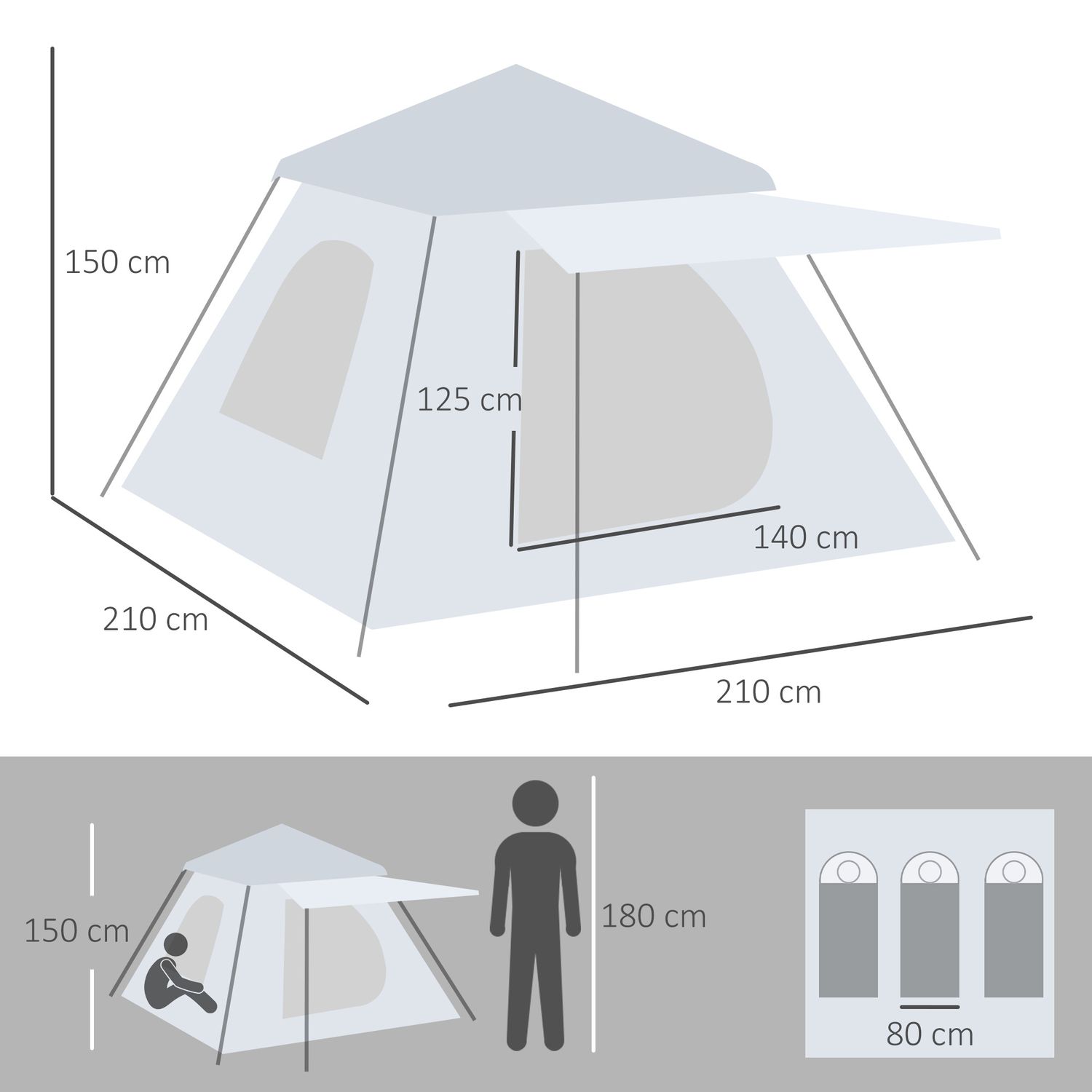 Tenda da campeggio da 2-3 persone con veranda, 210x210x150cm, grigia e bianca - 