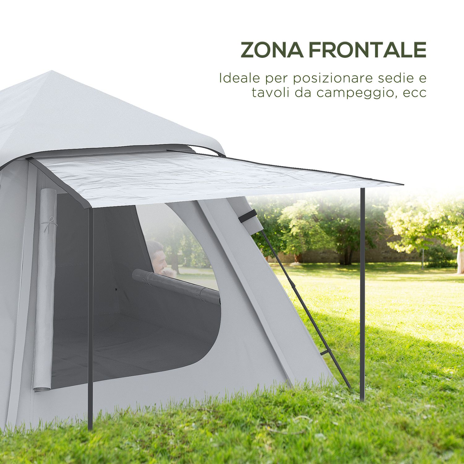 Tenda da campeggio da 2-3 persone con veranda, 210x210x150cm, grigia e bianca - 