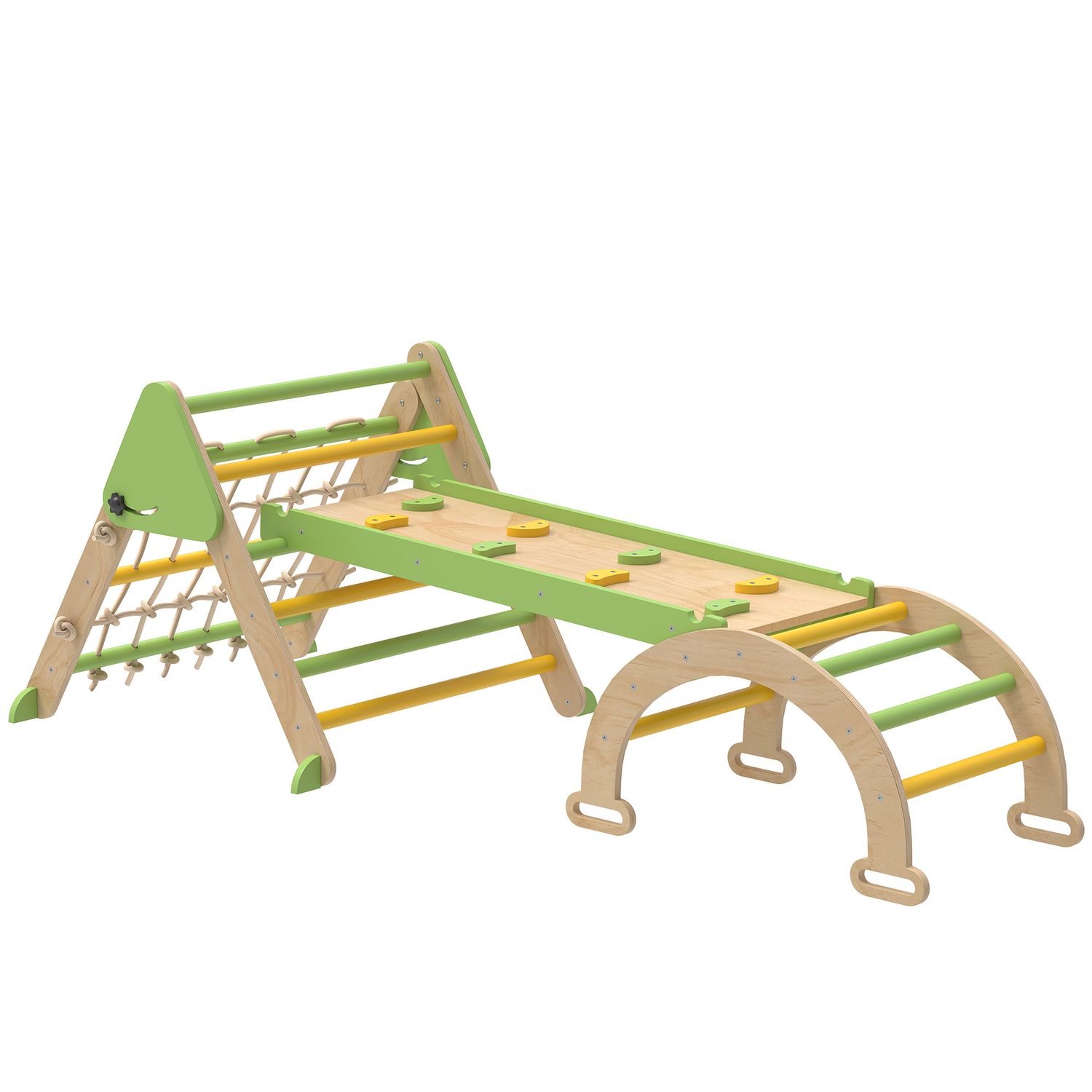 Gioco per bambini 8 in 1 con triangolo, parete liscia e arco, in legno di pioppo e pino, 191.5x74.5x63 cm - 