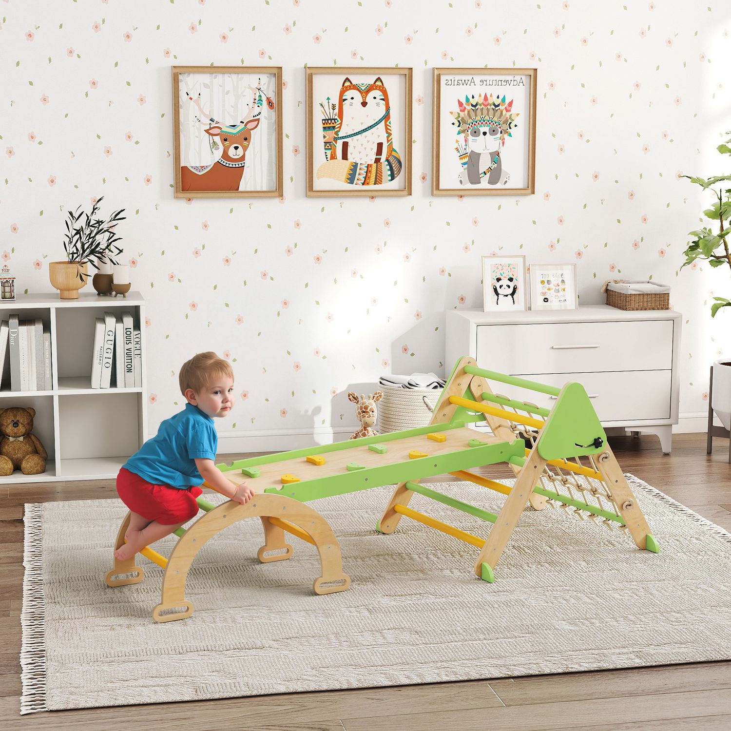 Gioco per bambini 8 in 1 con triangolo, parete liscia e arco, in legno di pioppo e pino, 191.5x74.5x63 cm - 
