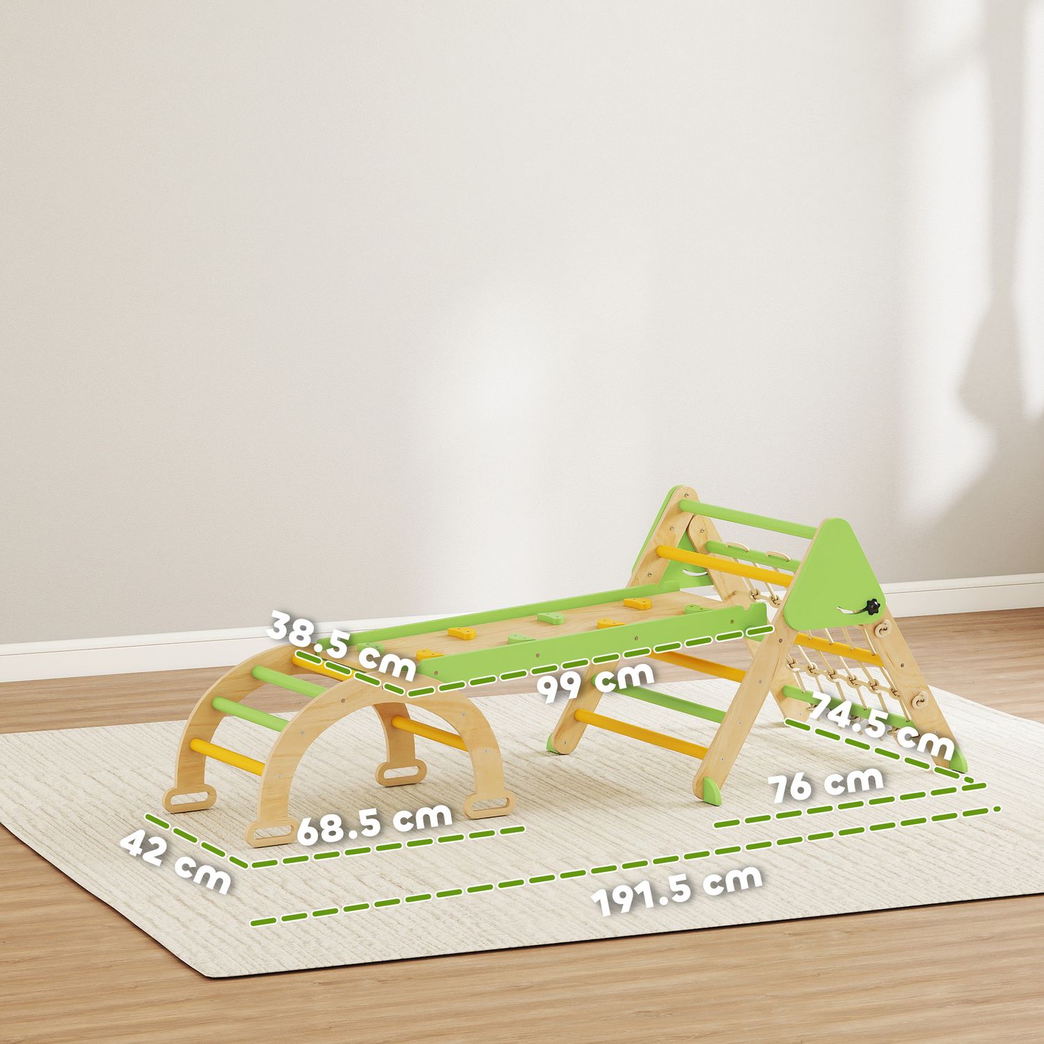 Gioco per bambini 8 in 1 con triangolo, parete liscia e arco, in legno di pioppo e pino, 191.5x74.5x63 cm - 