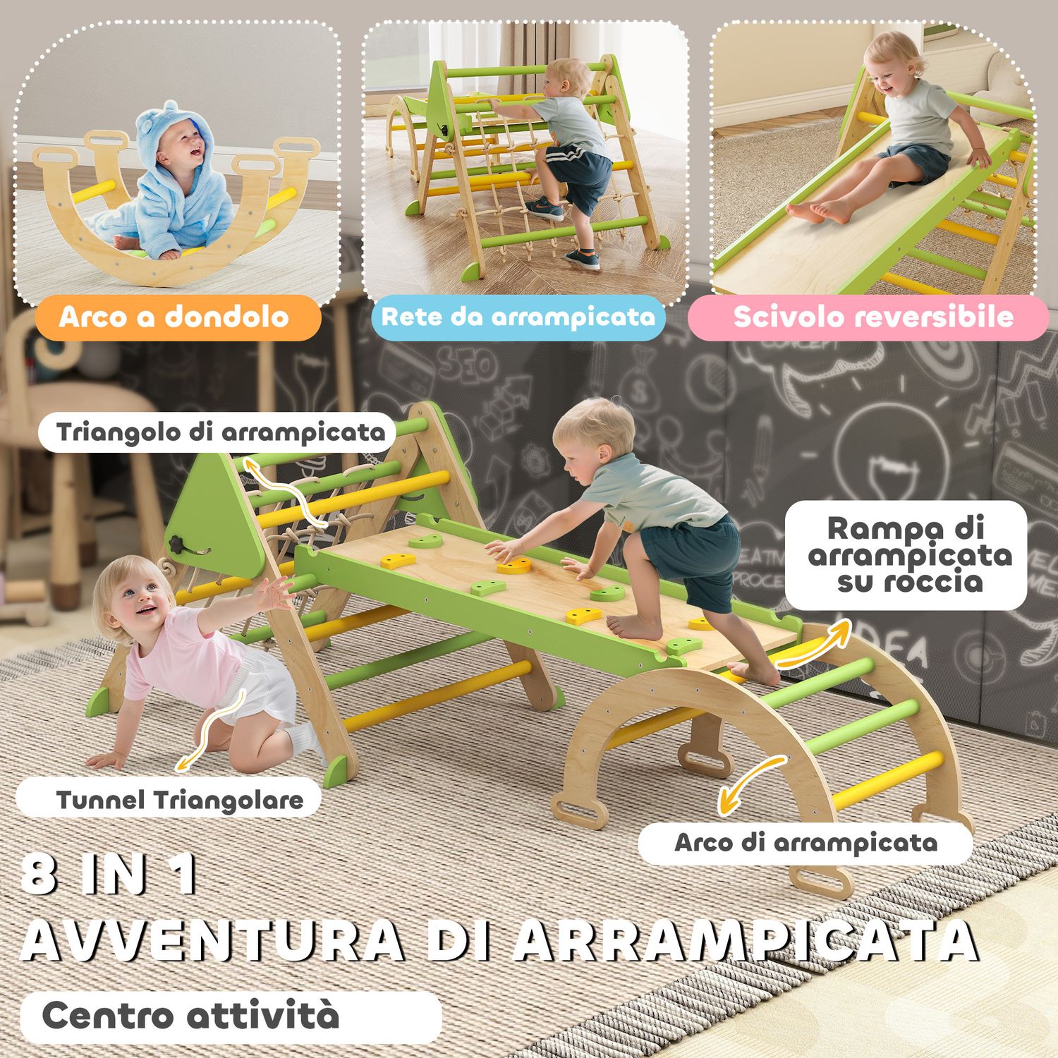 Gioco per bambini 8 in 1 con triangolo, parete liscia e arco, in legno di pioppo e pino, 191.5x74.5x63 cm - 