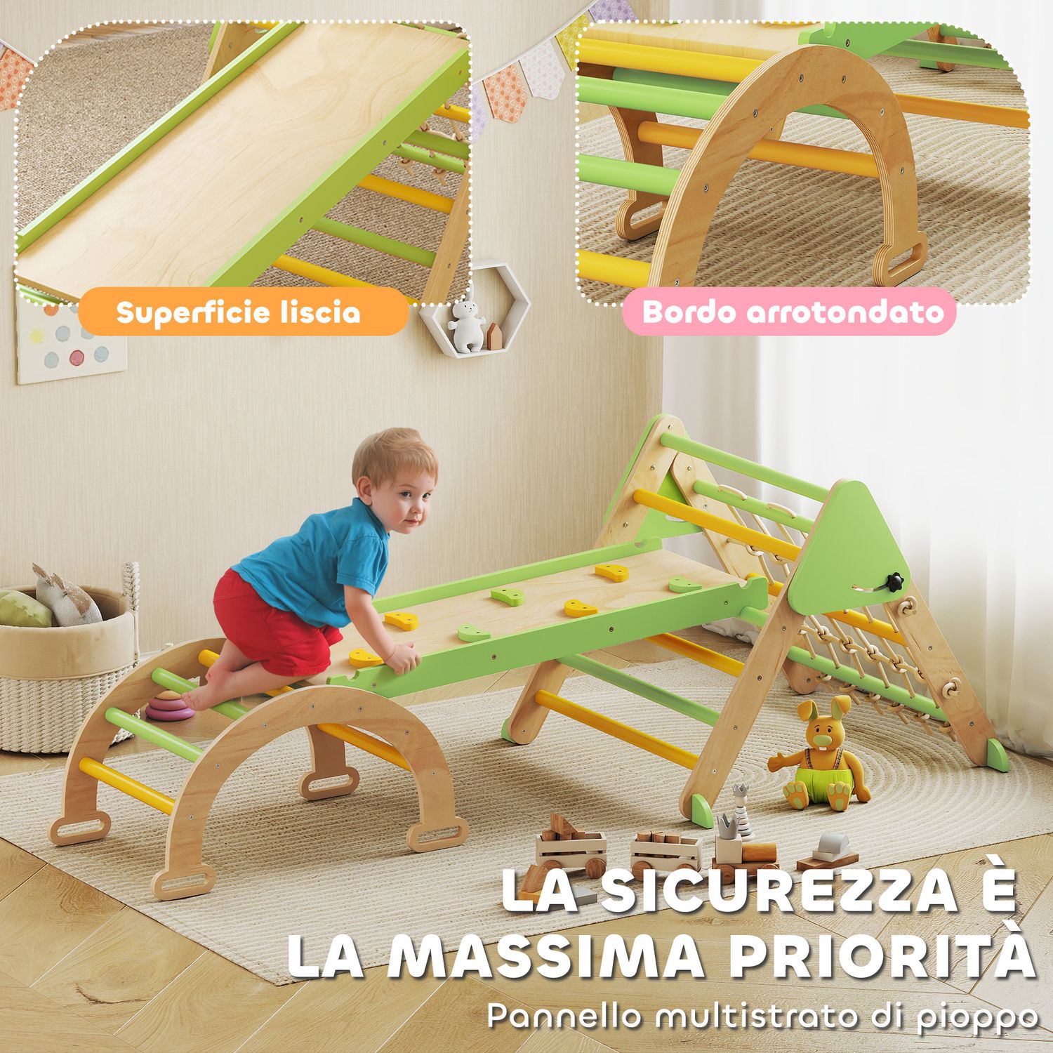 Gioco per bambini 8 in 1 con triangolo, parete liscia e arco, in legno di pioppo e pino, 191.5x74.5x63 cm - 