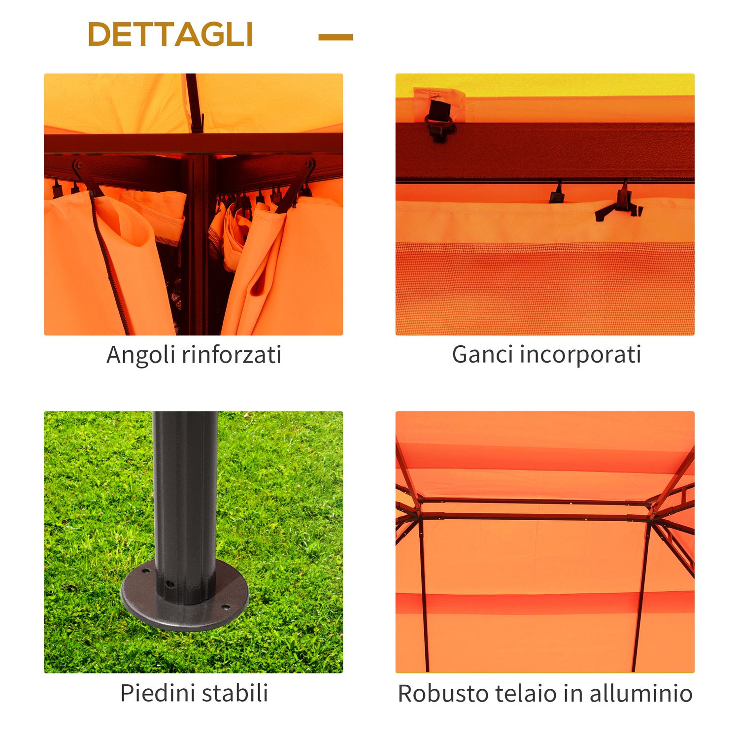 Gazebo da giardino 4x3m con doppio tetto e tende laterali, arancione - 