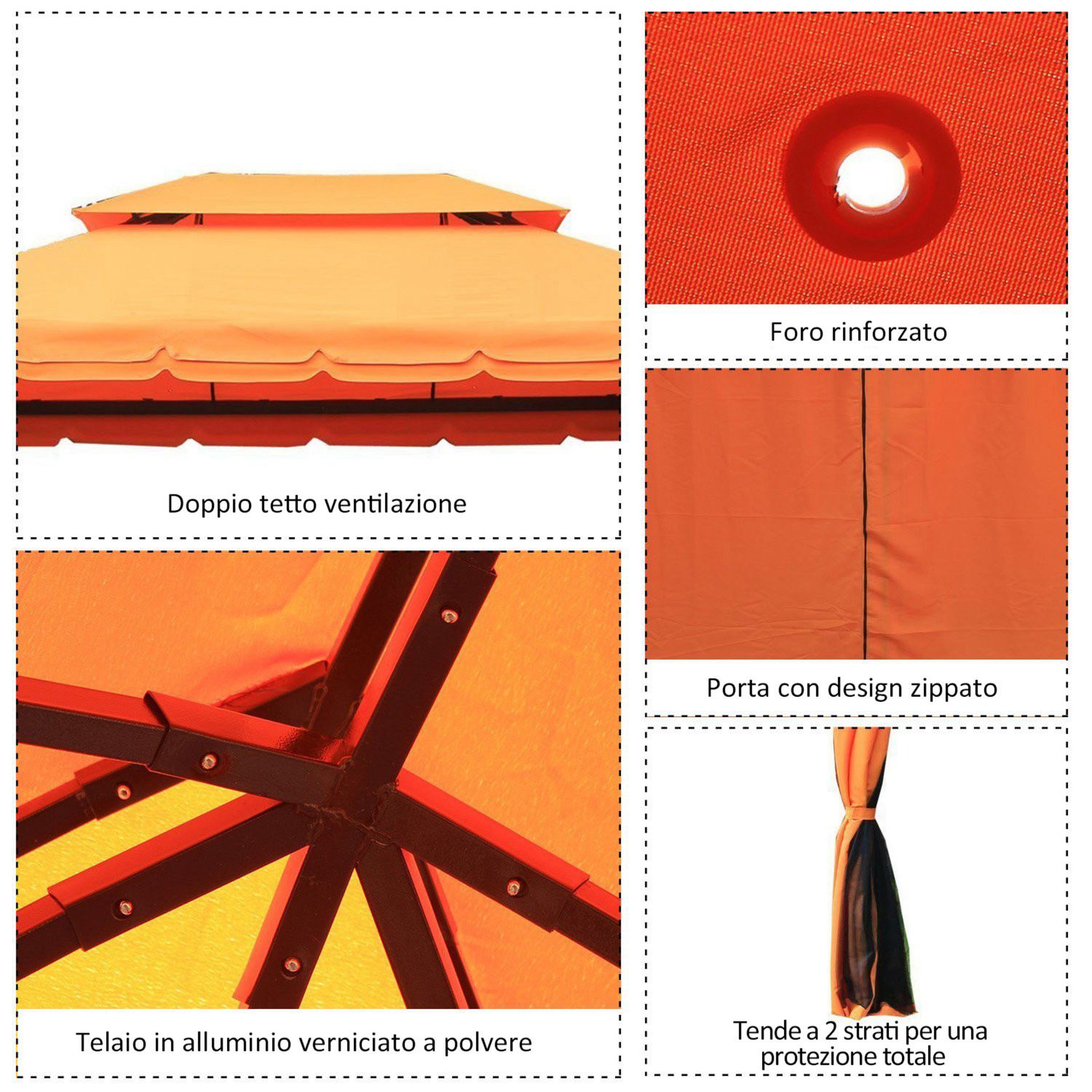 Gazebo da giardino 4x3m con doppio tetto e tende laterali, arancione - 