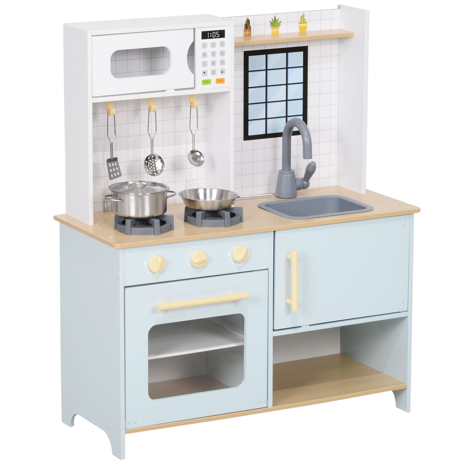 Cucina giocattolo per bambini con fornelli e armadietti, in acciaio, legno e pp, 72x33x85.2 cm, blu e bianco - 