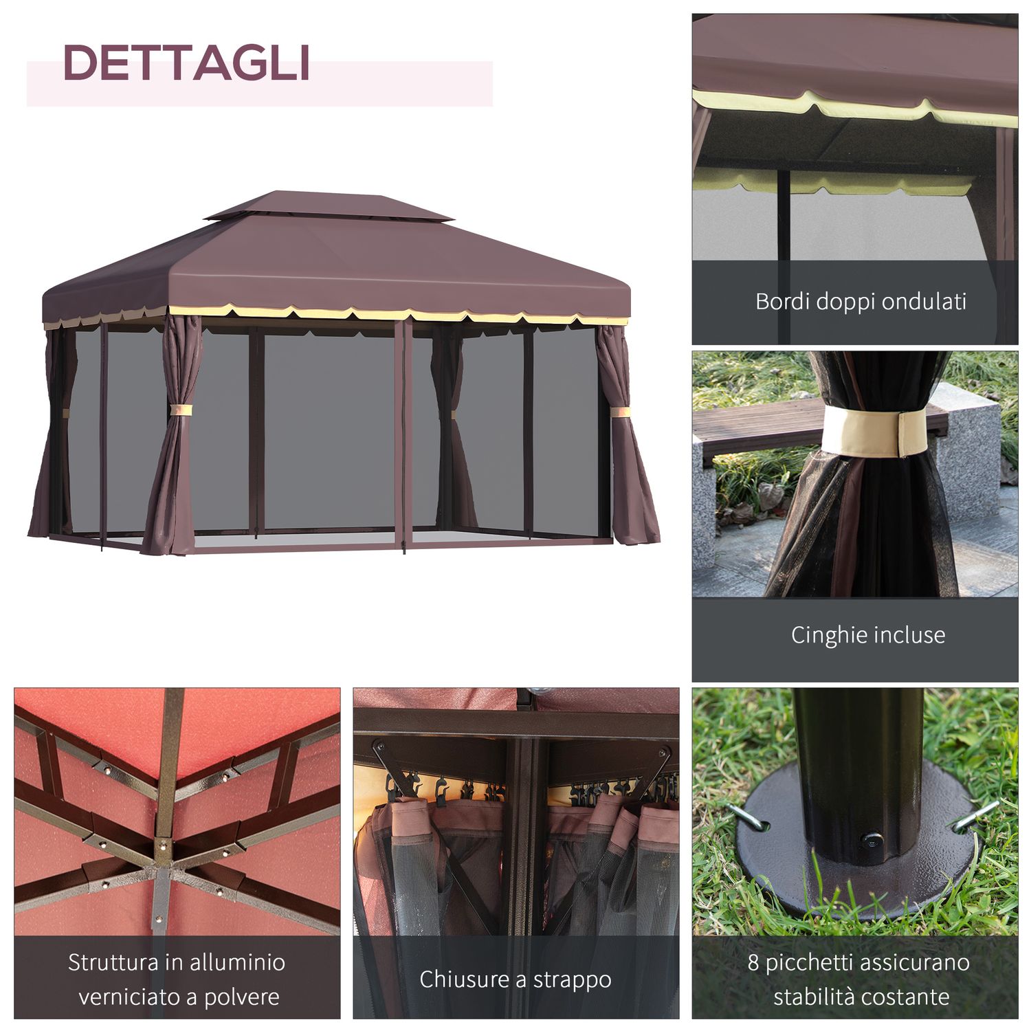 Gazebo da giardino 3x4m con doppio tetto, zanzariera e tende, alluminio e poliestere, color caffè - 