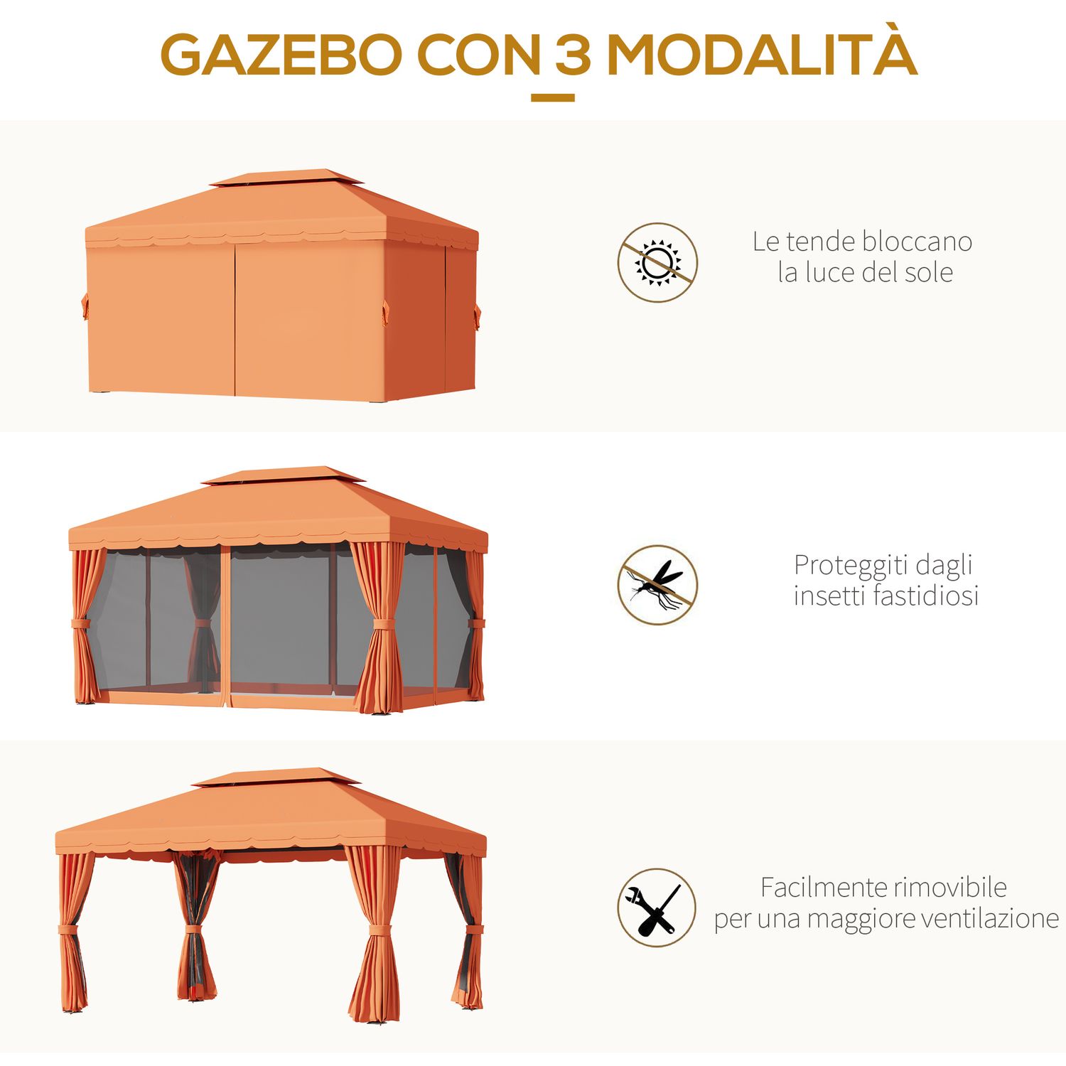Gazebo da giardino 4x3m con doppio tetto e tende laterali, arancione - 
