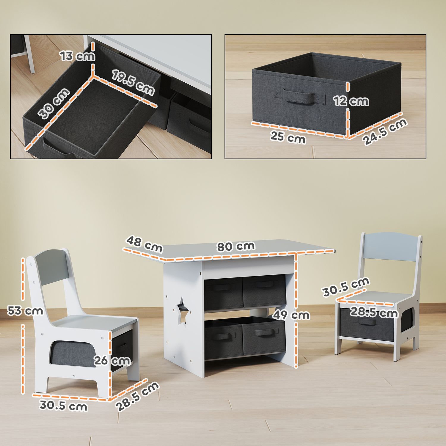 Set tavolo e sedie per bambini 3-8 anni con 6 cassetti e bordi arrotondati, in legno e tessuto, grigio e bianco - 