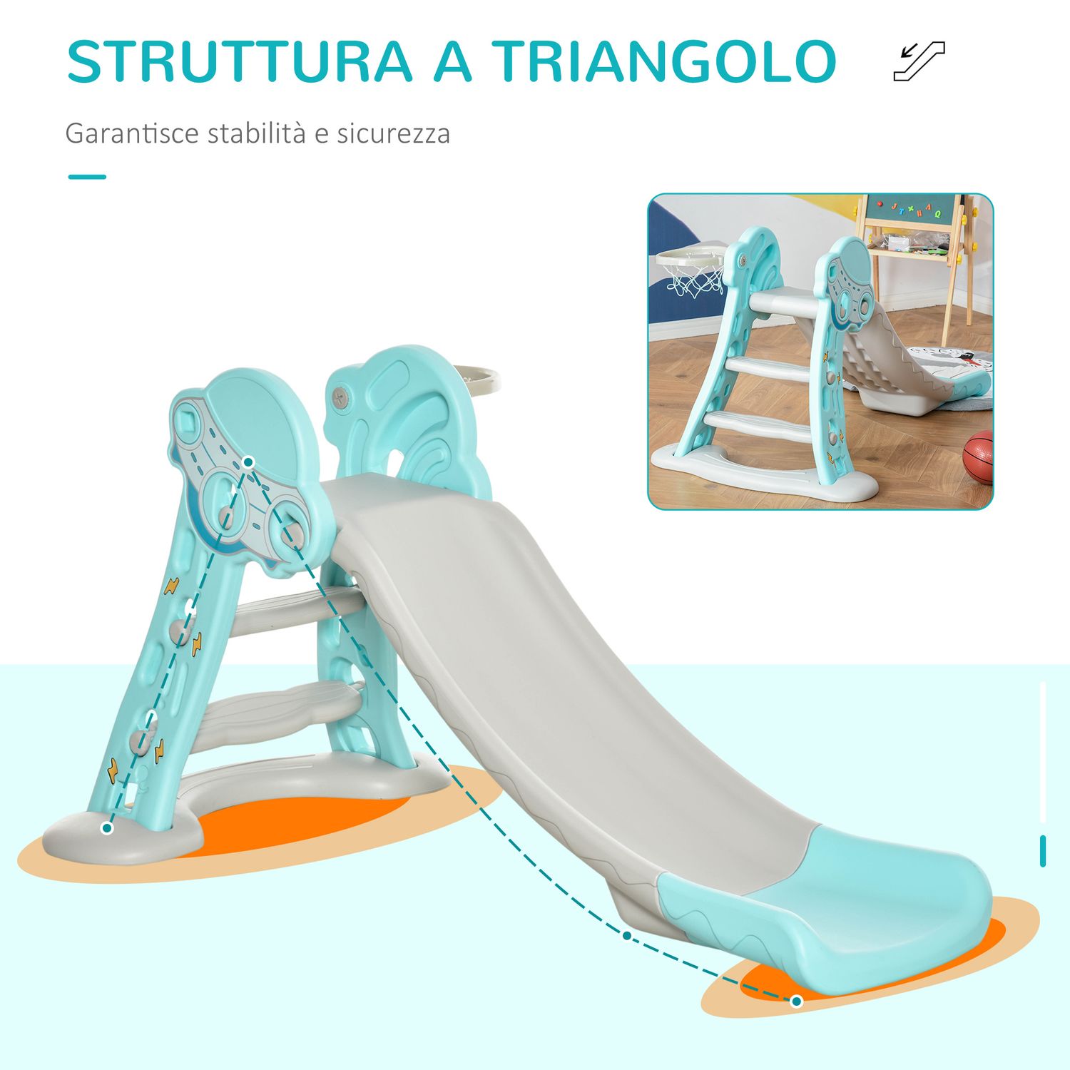 Scivolo per bambini da 18 mesi pieghevole con 3 scalini e canestro basket, 140x87x75cm, blu e grigio - 