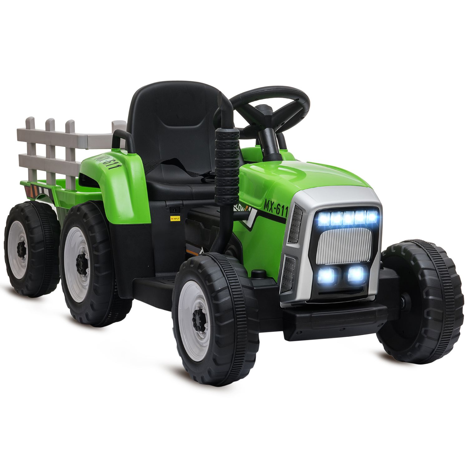 Trattore elettrico per bambini 3-6 anni con rimorchio rimovibile, batteria 12v e telecomando, verde - 