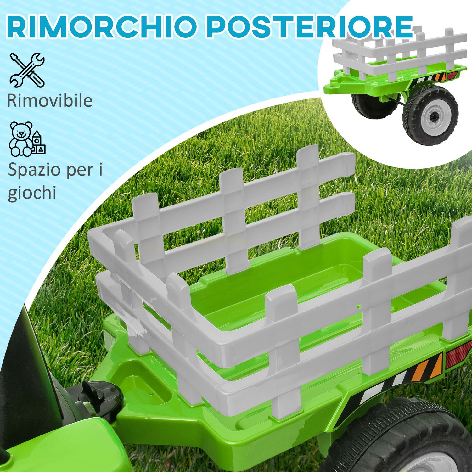 Trattore elettrico per bambini 3-6 anni con rimorchio rimovibile, batteria 12v e telecomando, verde - 