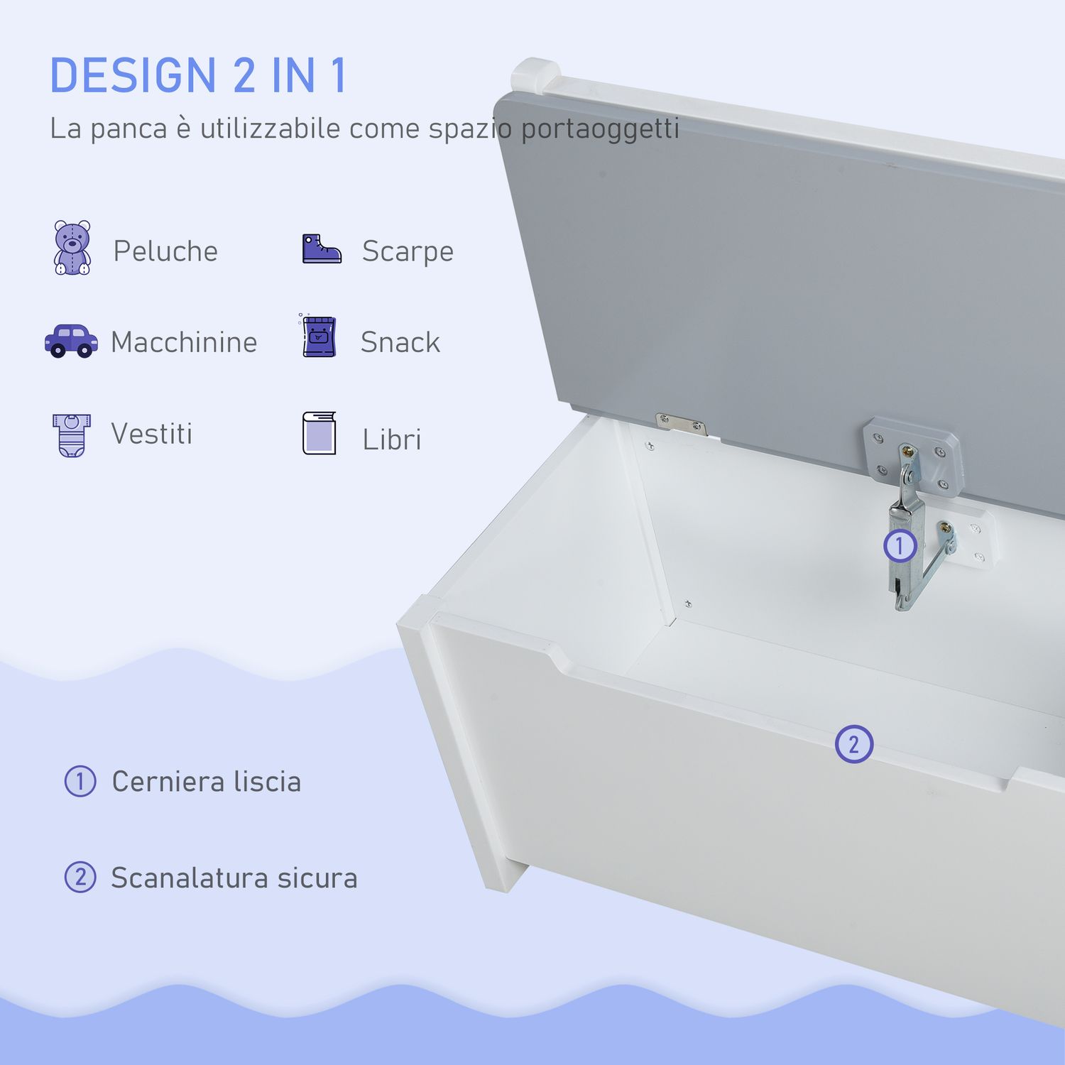 Set tavolo per bambini con 2 sedie e cassapanca in legno per cameretta, bianco e grigio - 